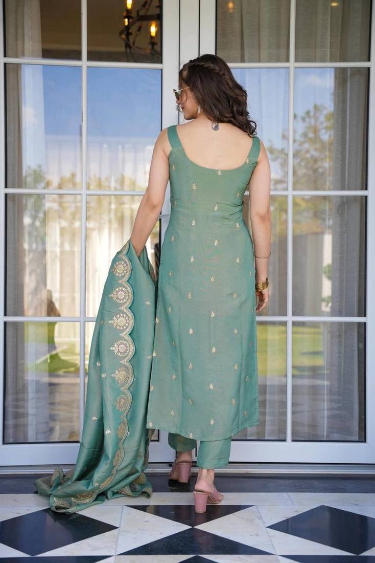 Sea Green Chanderi Straight Kurta Pant Suit Set with Scalloped Dupatta