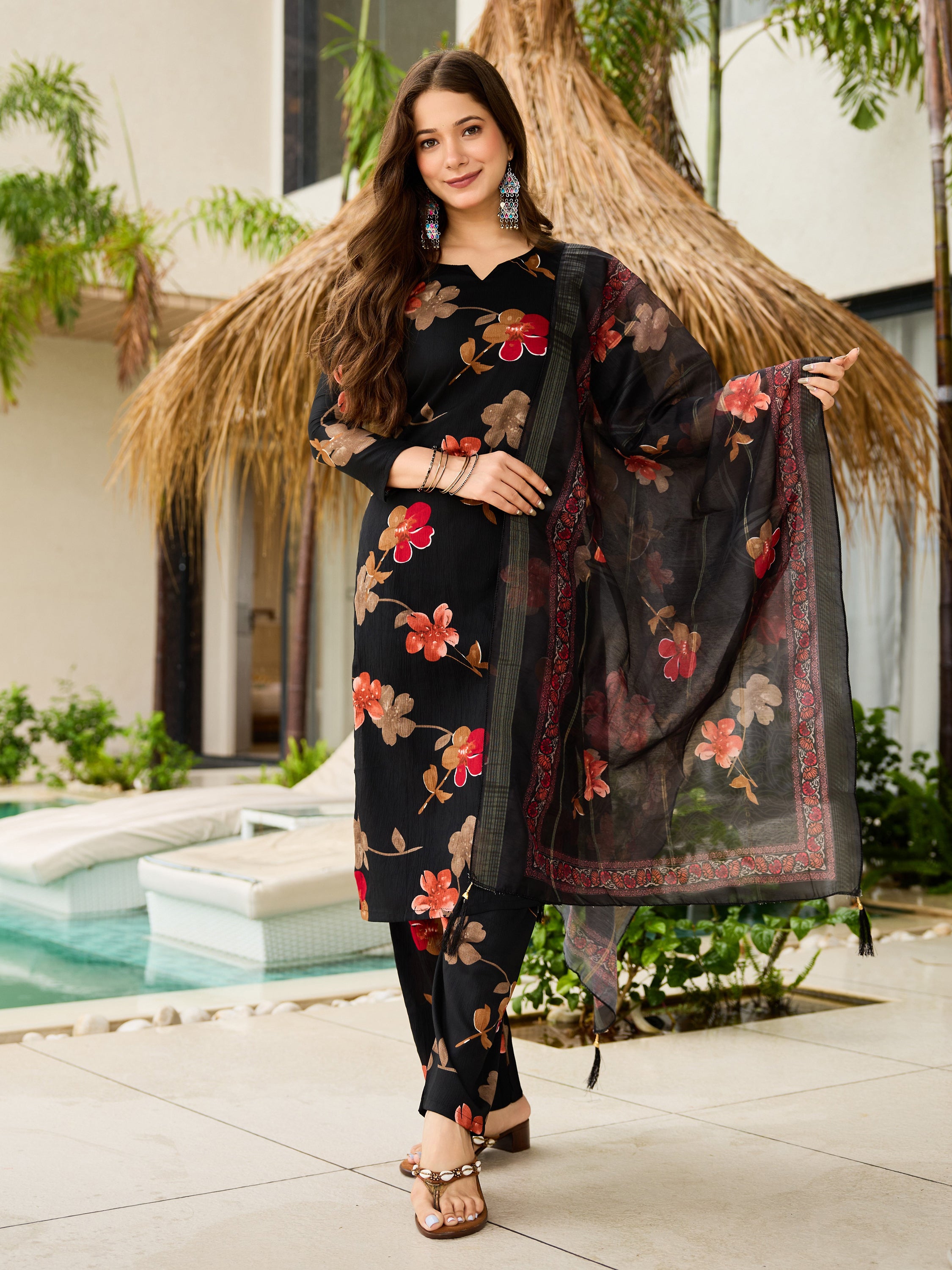Black ilk Bleand Floral Printed Straight Kurta Pant Suit Set with Dupatta