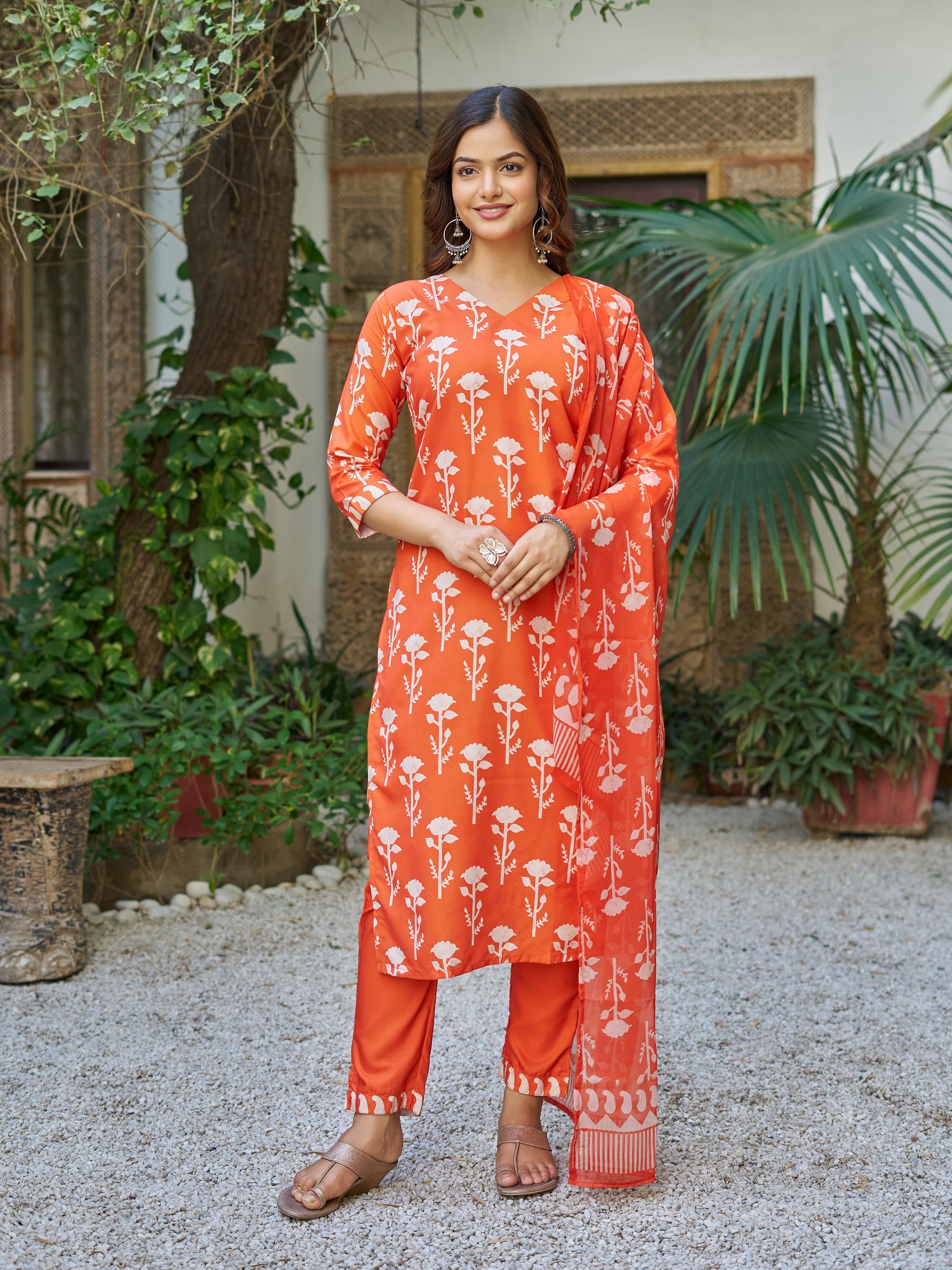 Rust Orange Cotton Floral Block Printed Straight Kurta Pant Suit Set with Dupatta