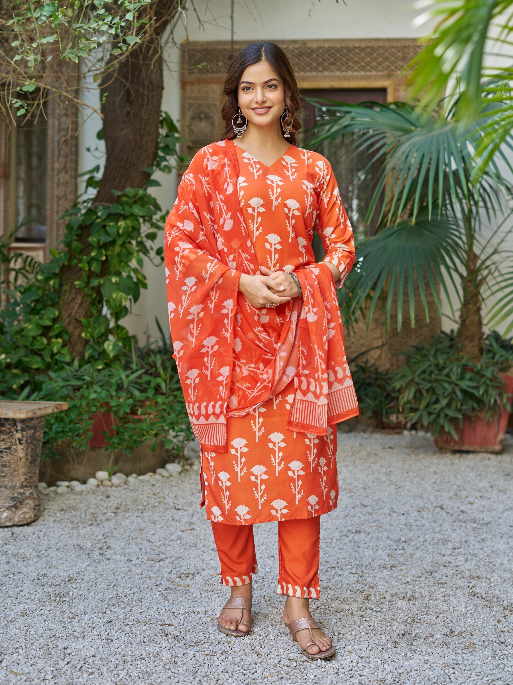 Rust Orange Cotton Floral Block Printed Straight Kurta Pant Suit Set with Dupatta