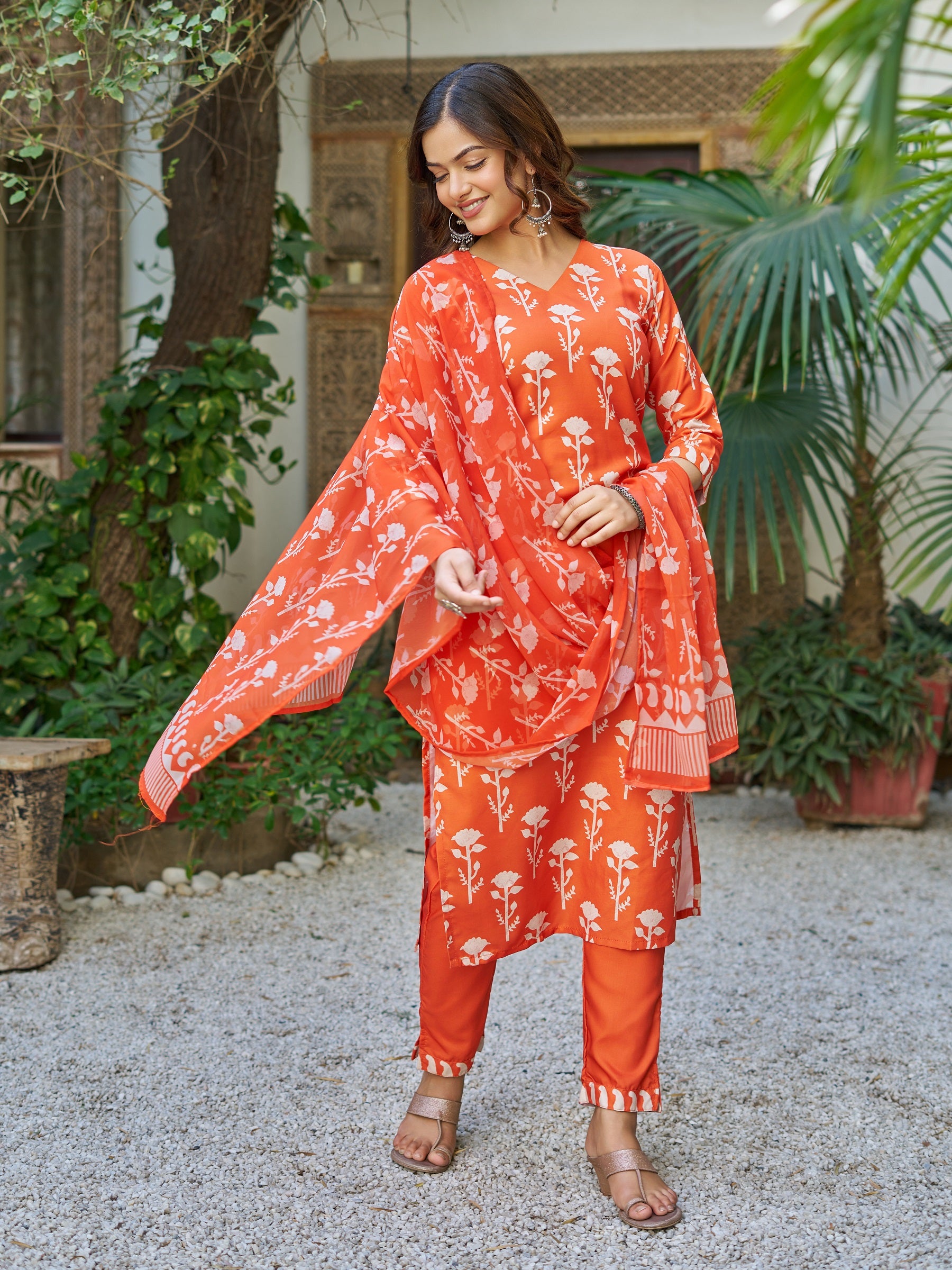 Rust Orange Cotton Floral Block Printed Straight Kurta Pant Suit Set with Dupatta