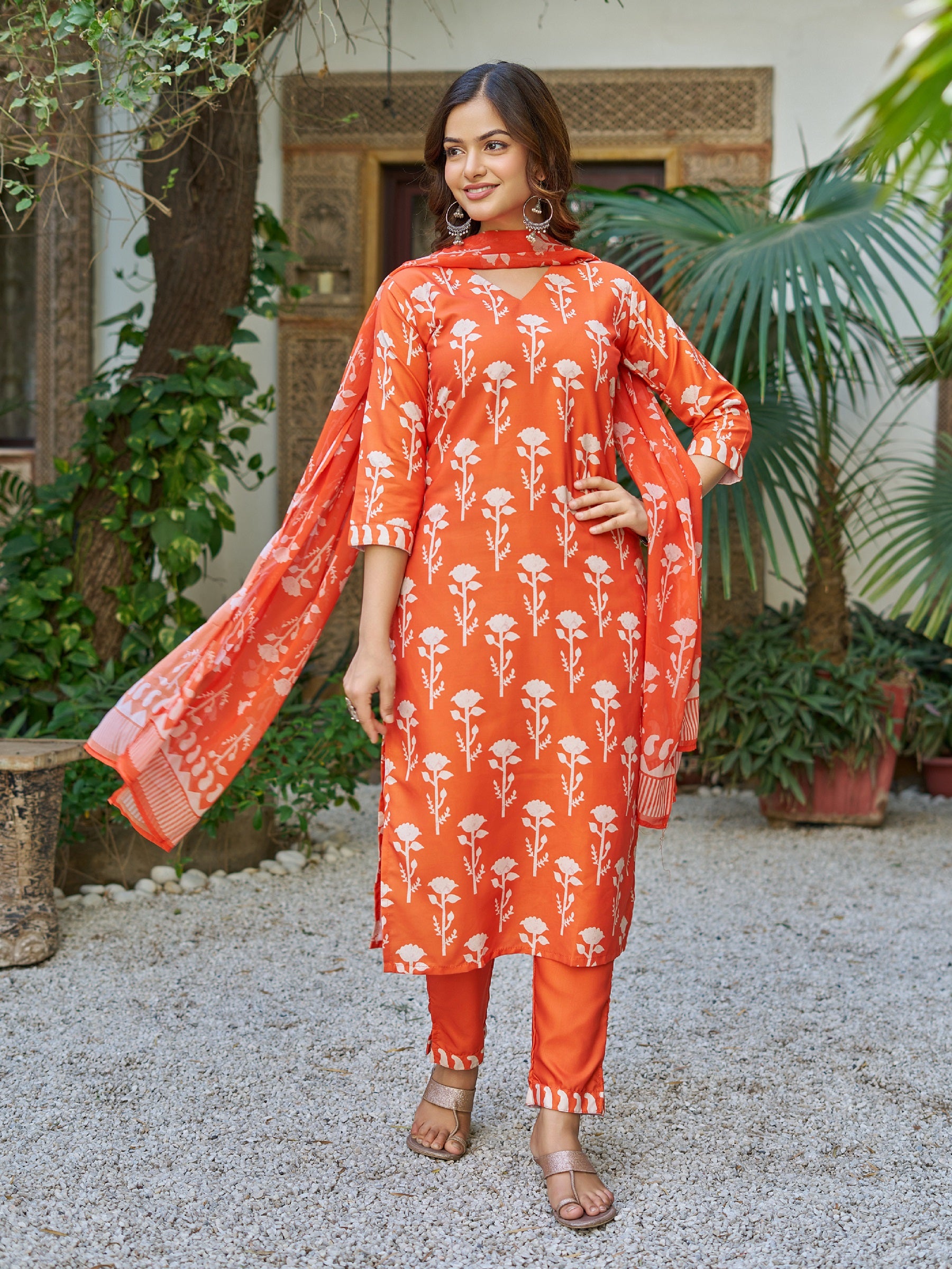 Rust Orange Cotton Floral Block Printed Straight Kurta Pant Suit Set with Dupatta
