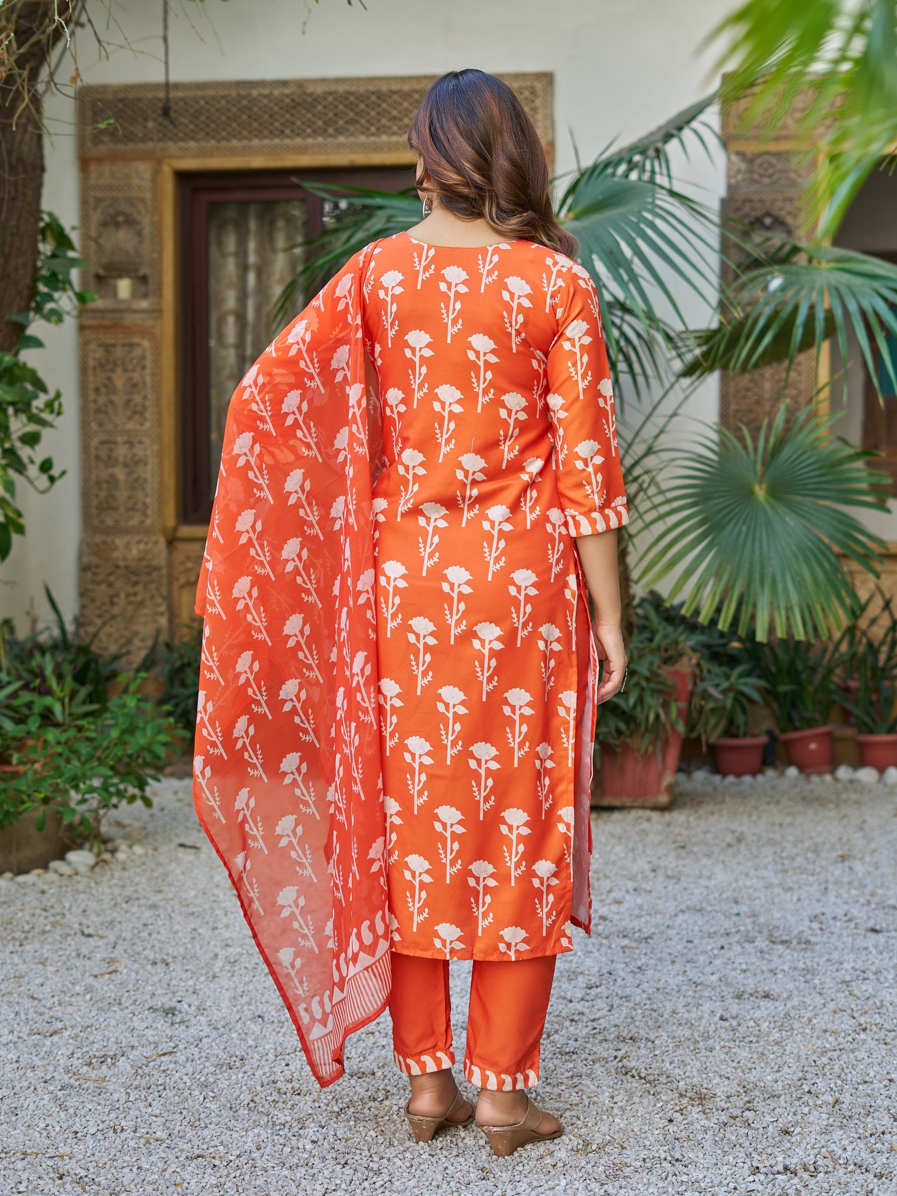 Rust Orange Cotton Floral Block Printed Straight Kurta Pant Suit Set with Dupatta