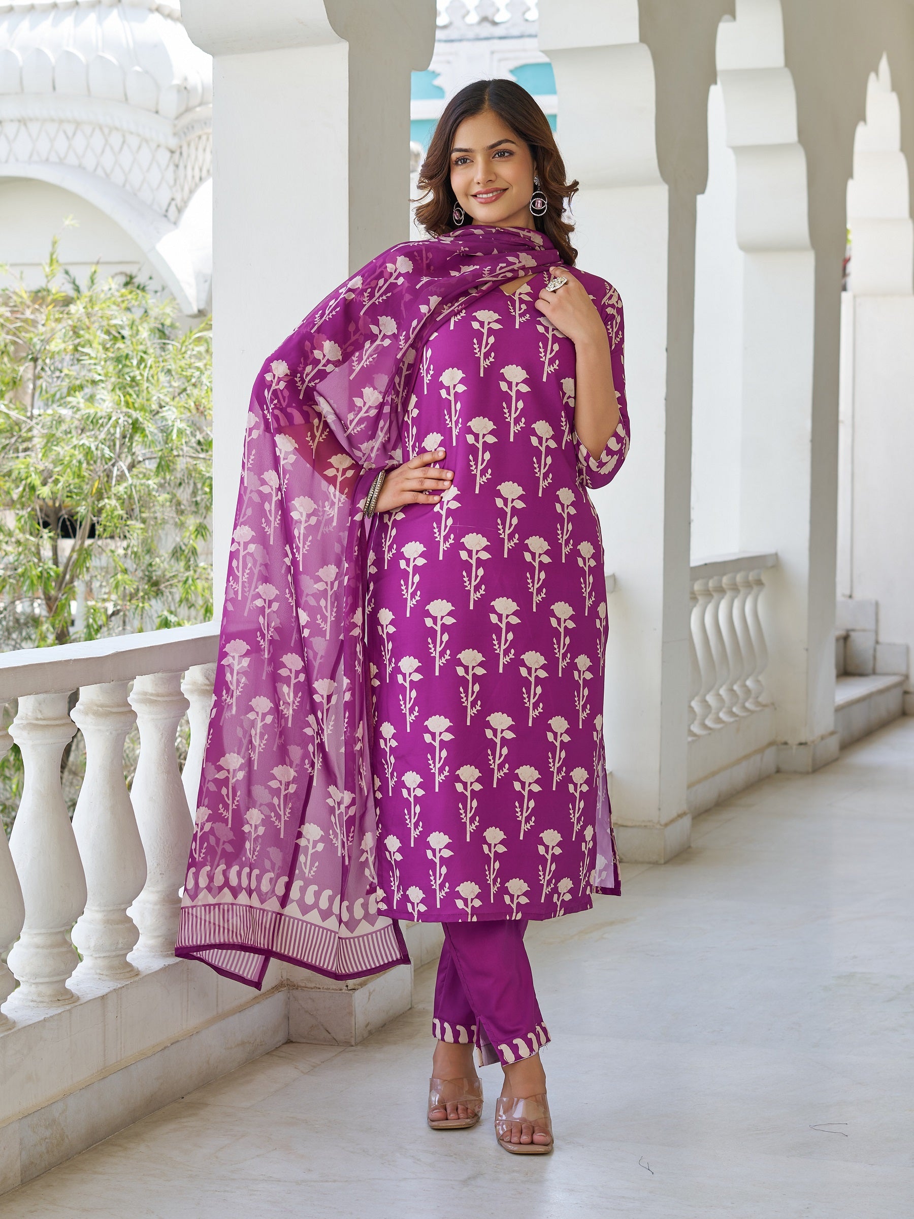 Purple Cotton Floral Block Printed Straight Kurta Pant Suit Set with Dupatta