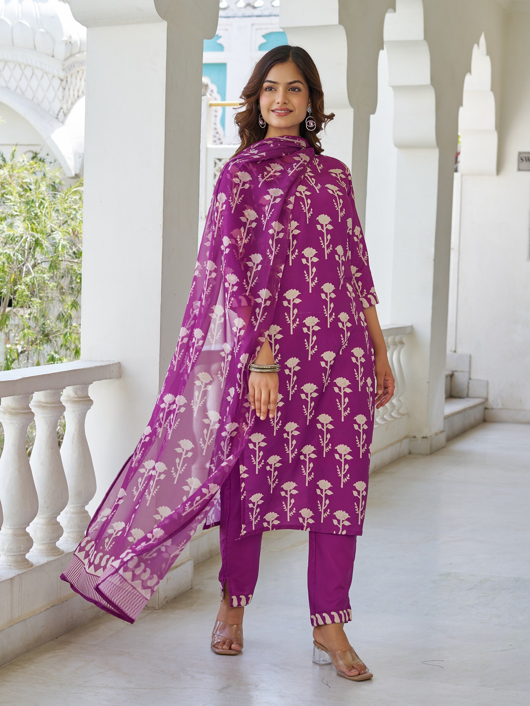 Purple Cotton Floral Block Printed Straight Kurta Pant Suit Set with Dupatta