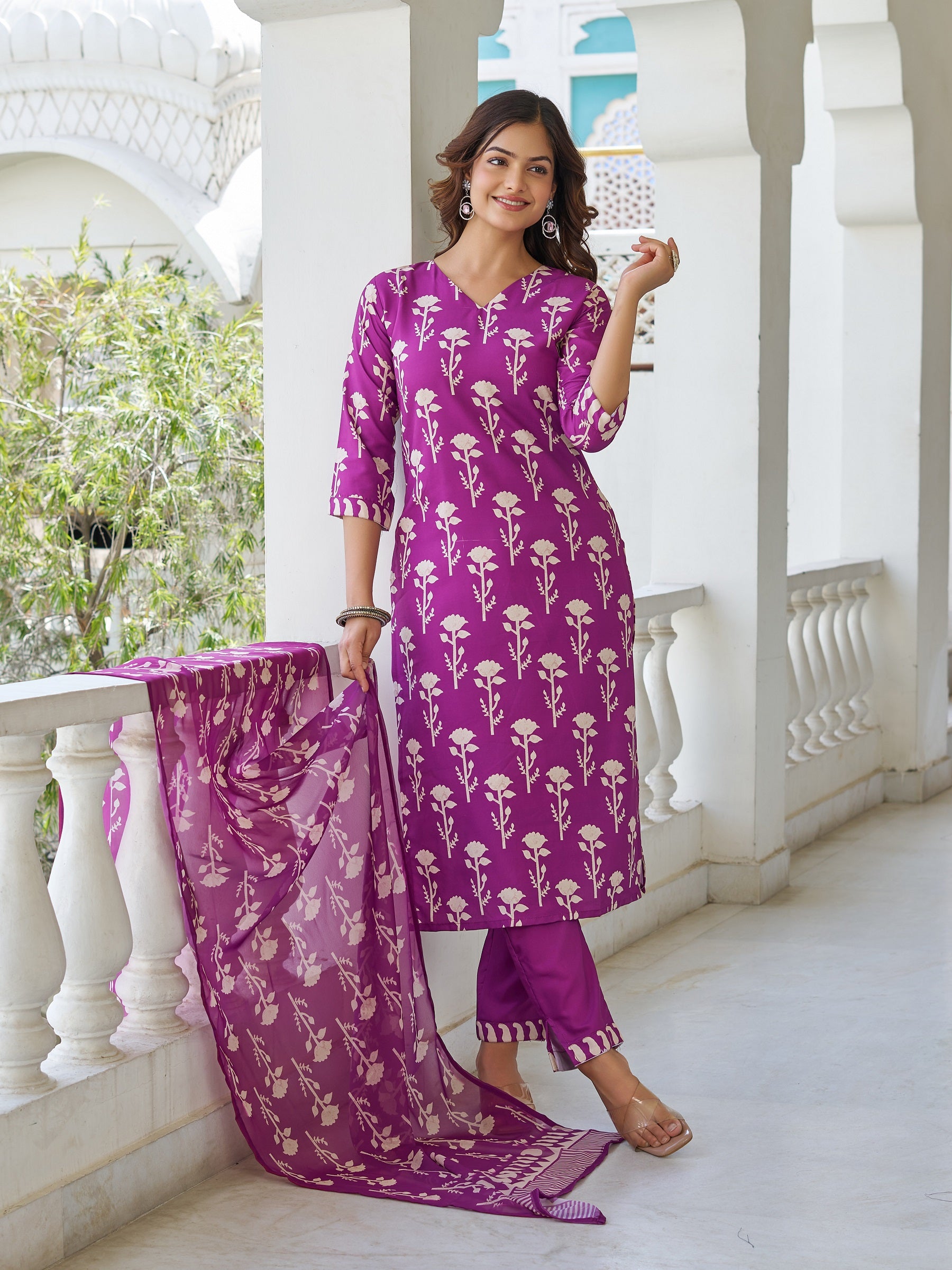 Purple Cotton Floral Block Printed Straight Kurta Pant Suit Set with Dupatta