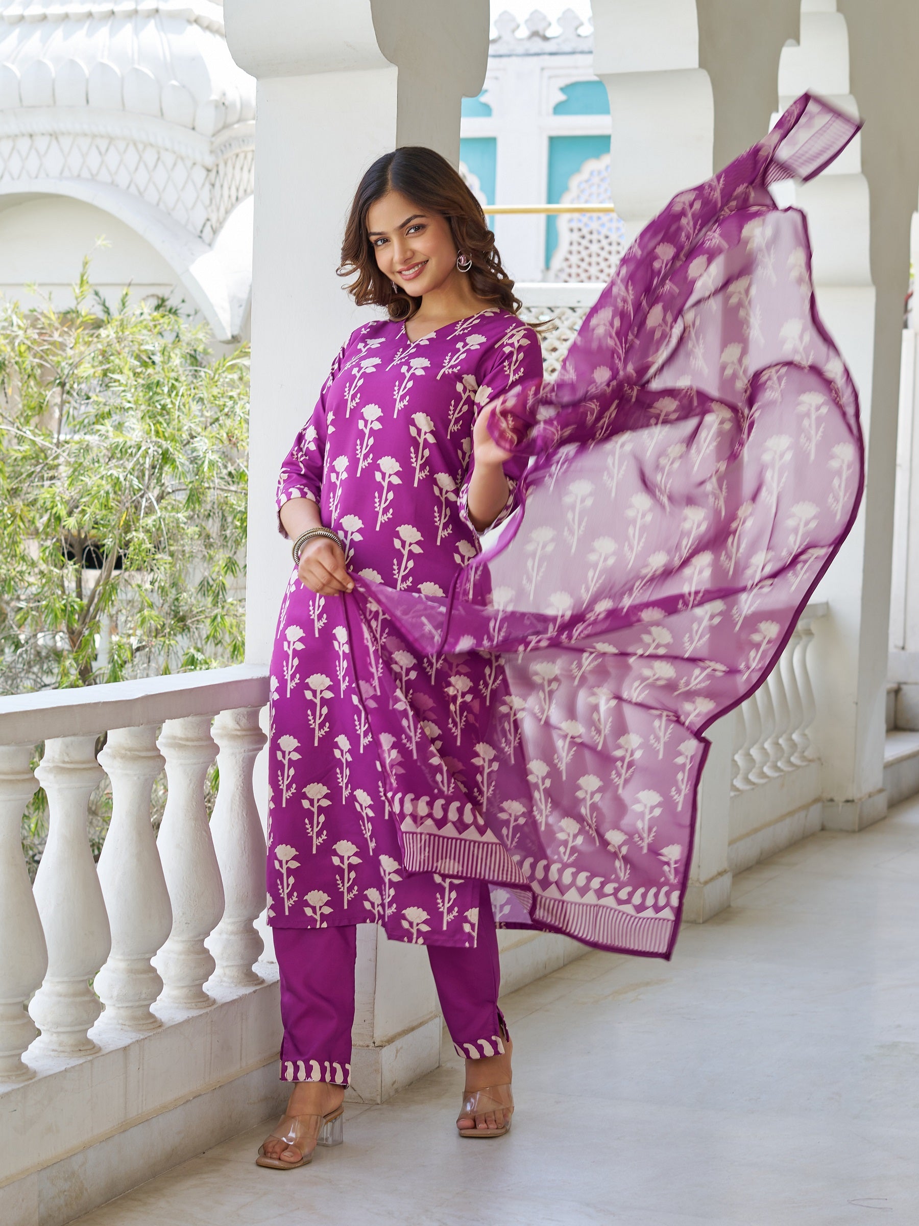 Purple Cotton Floral Block Printed Straight Kurta Pant Suit Set with Dupatta