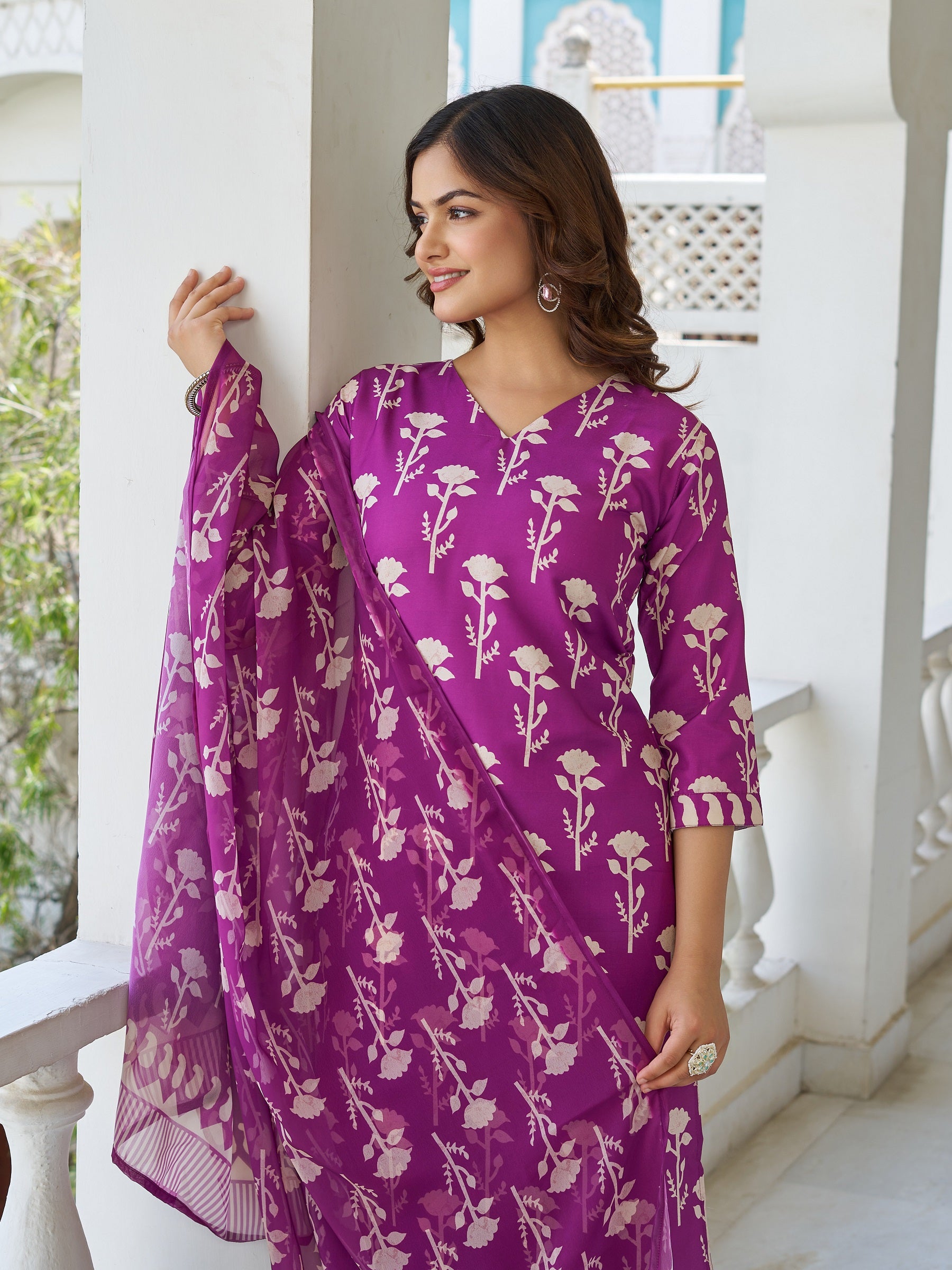 Purple Cotton Floral Block Printed Straight Kurta Pant Suit Set with Dupatta