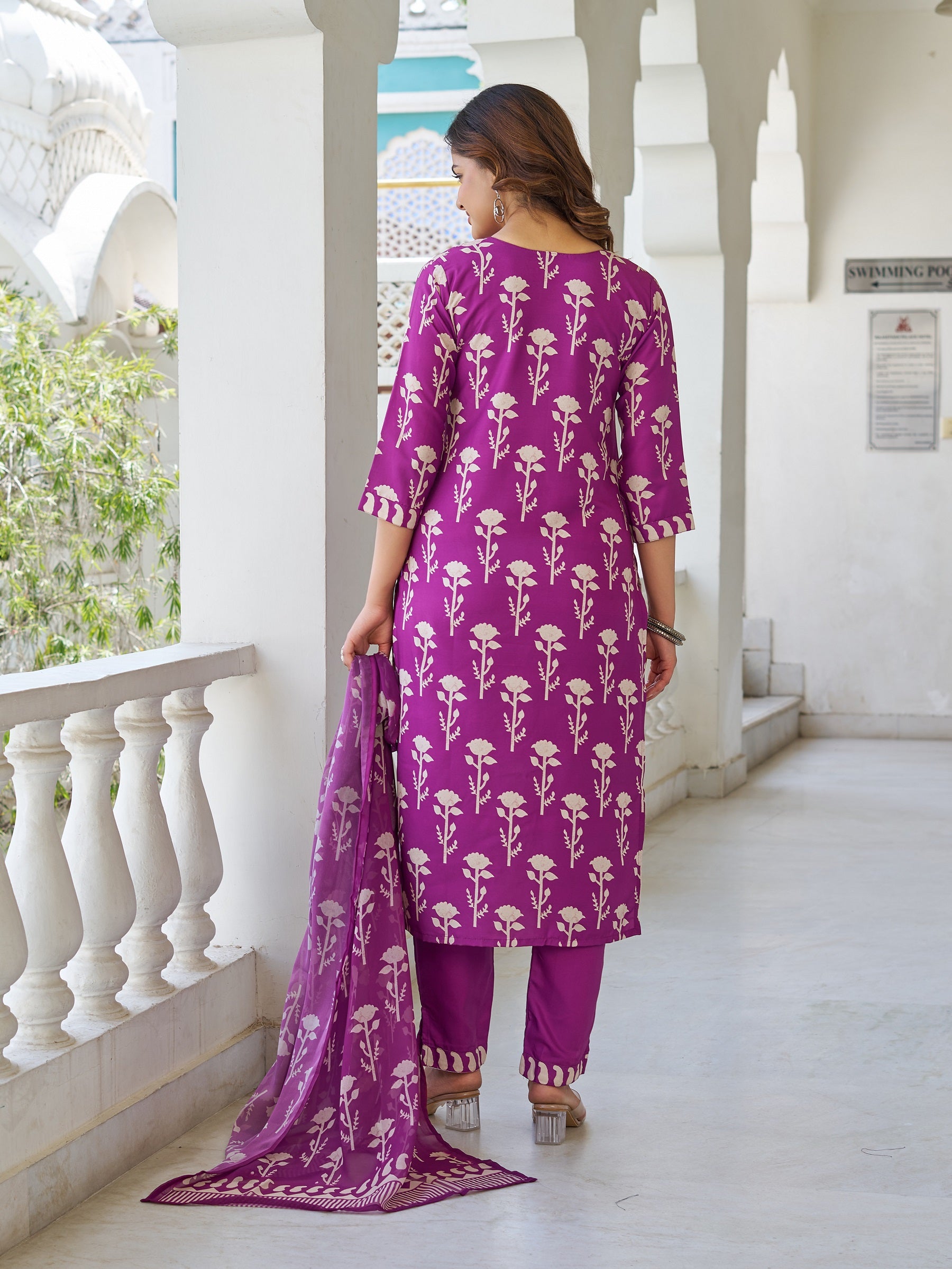 Purple Cotton Floral Block Printed Straight Kurta Pant Suit Set with Dupatta