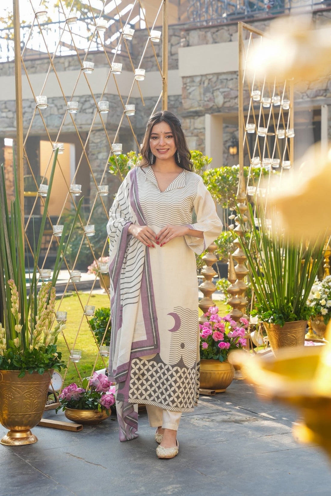 Maalank Off-White Straight Suit Sets