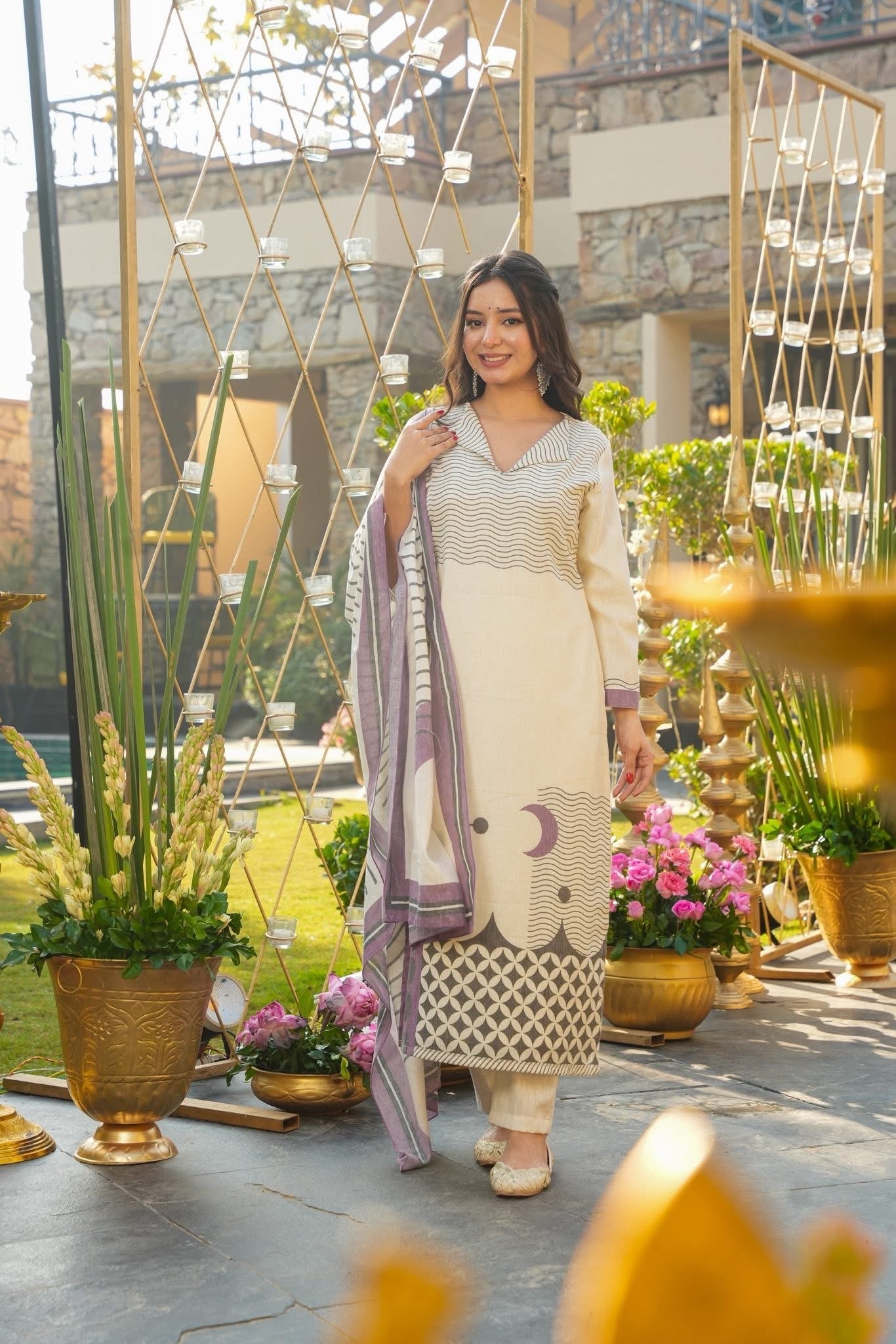 Maalank Off-White Straight Suit Sets