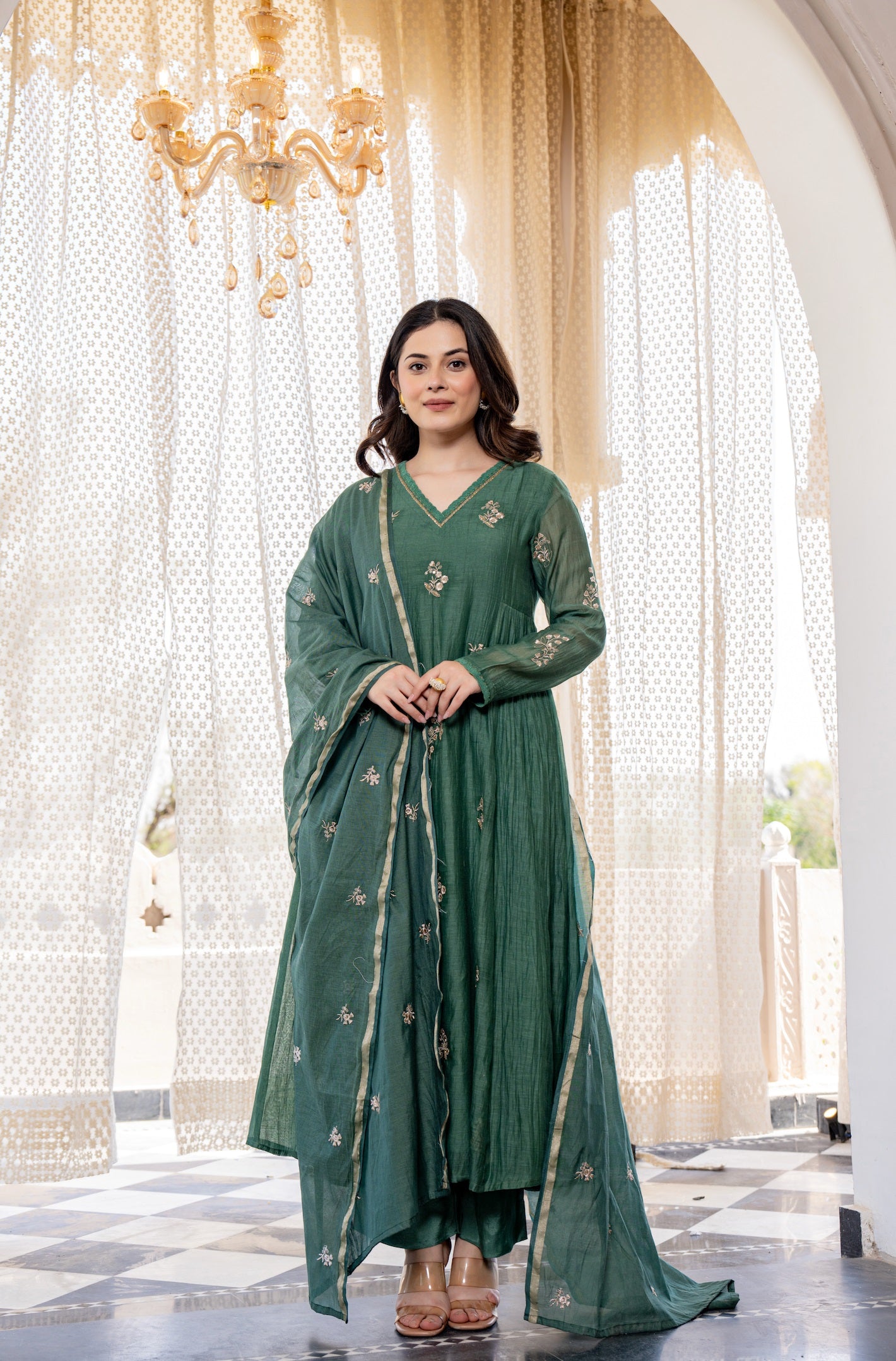 Graceful Green Chanderi Silk Embroidered Anarkali Kurta Pant Suit Set with Dupatta
