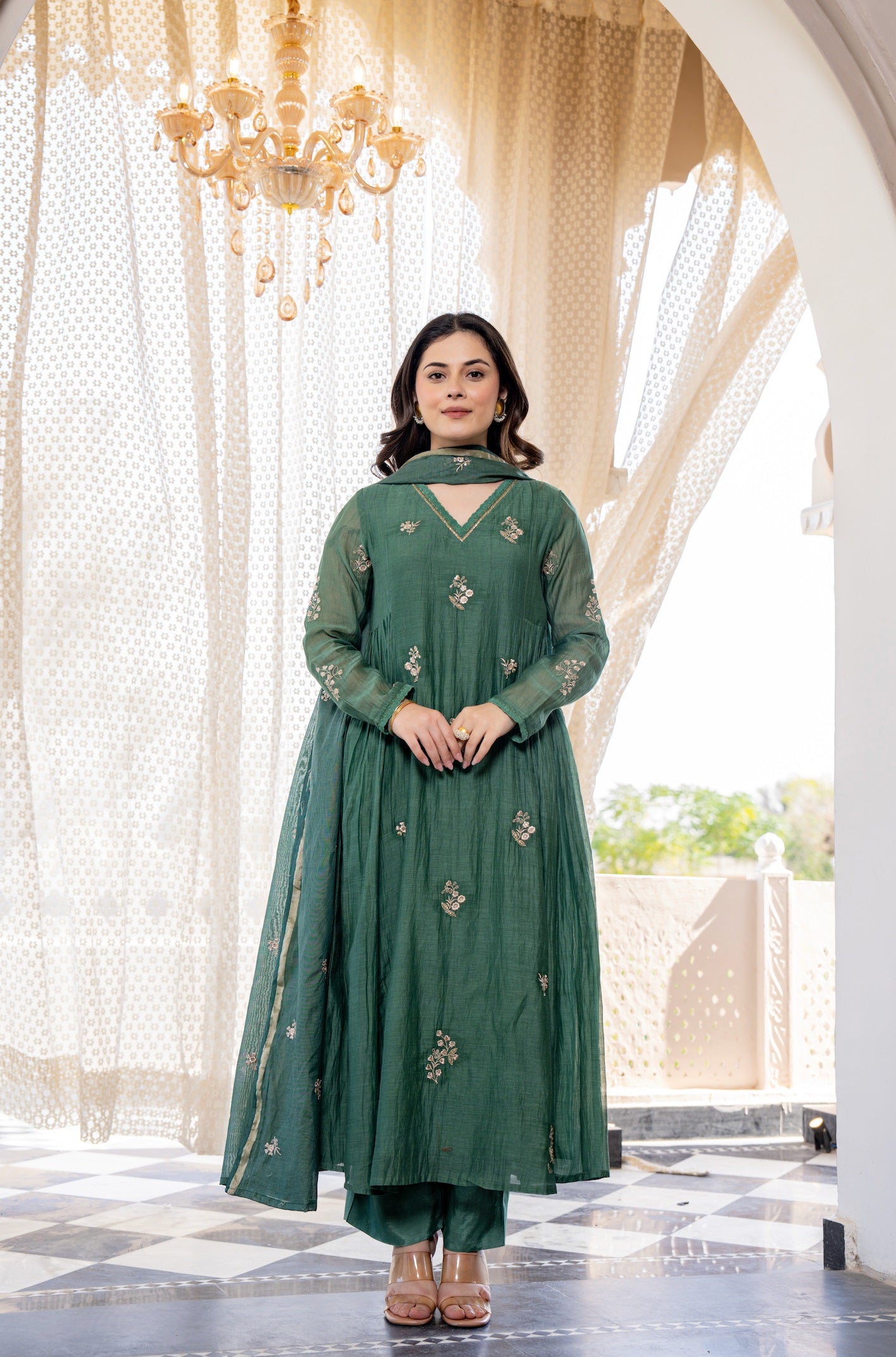 Graceful Green Chanderi Silk Embroidered Anarkali Kurta Pant Suit Set with Dupatta