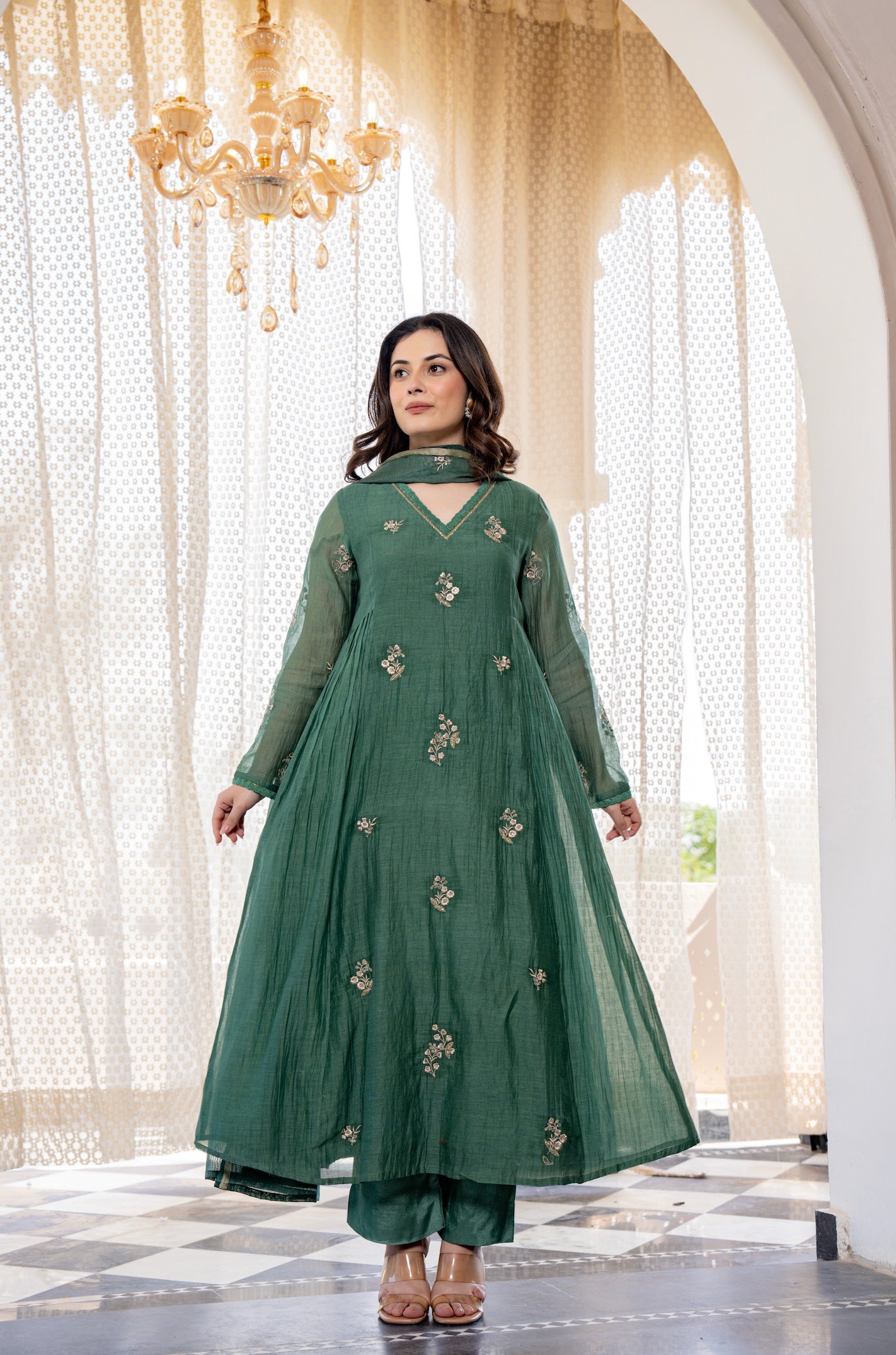 Graceful Green Chanderi Silk Embroidered Anarkali Kurta Pant Suit Set with Dupatta
