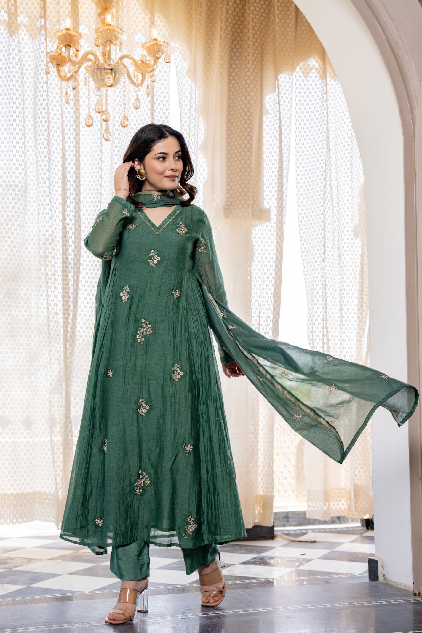Graceful Green Chanderi Silk Embroidered Anarkali Kurta Pant Suit Set with Dupatta