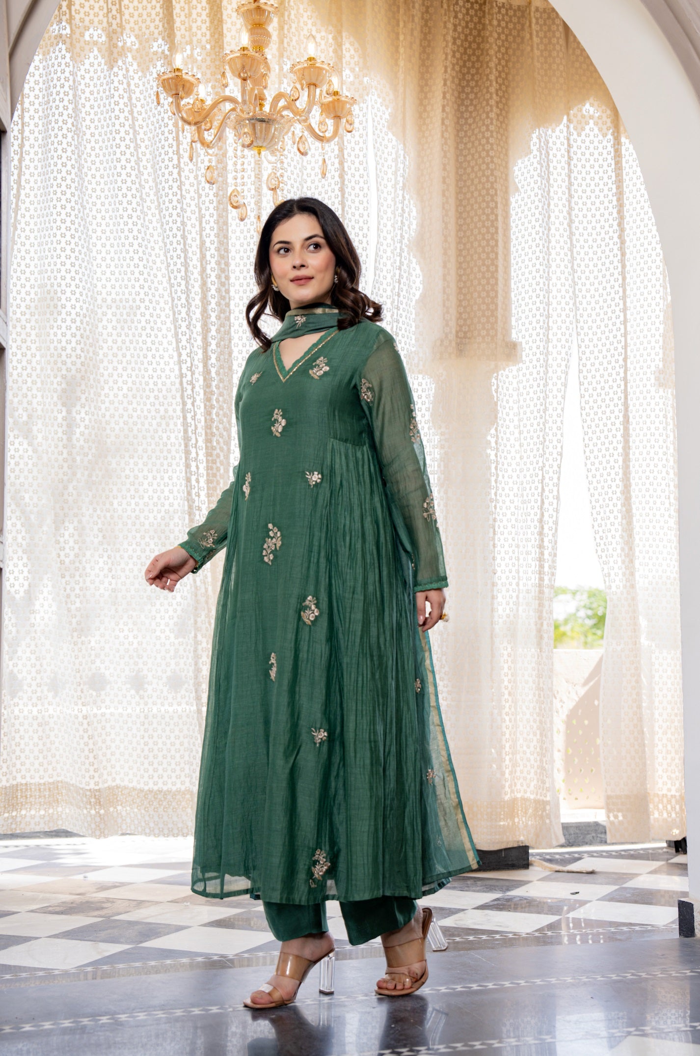 Graceful Green Chanderi Silk Embroidered Anarkali Kurta Pant Suit Set with Dupatta