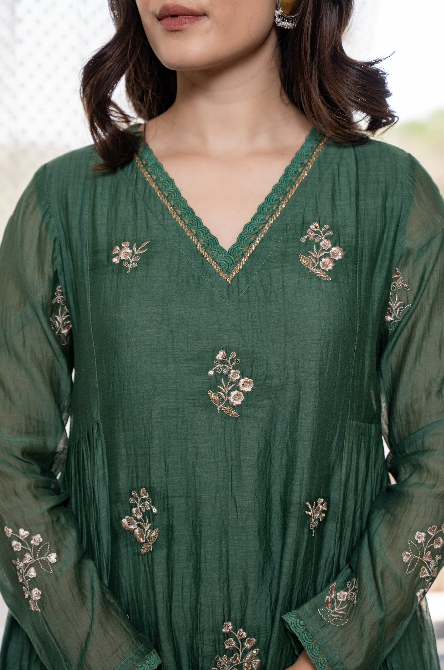 Graceful Green Chanderi Silk Embroidered Anarkali Kurta Pant Suit Set with Dupatta