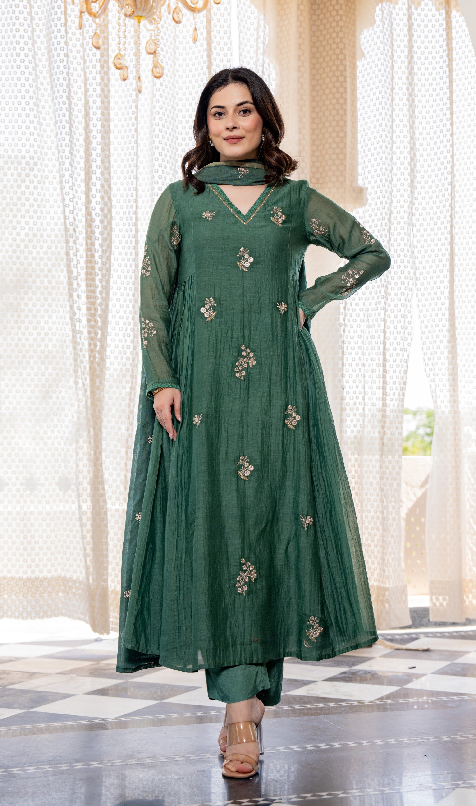 Graceful Green Chanderi Silk Embroidered Anarkali Kurta Pant Suit Set with Dupatta