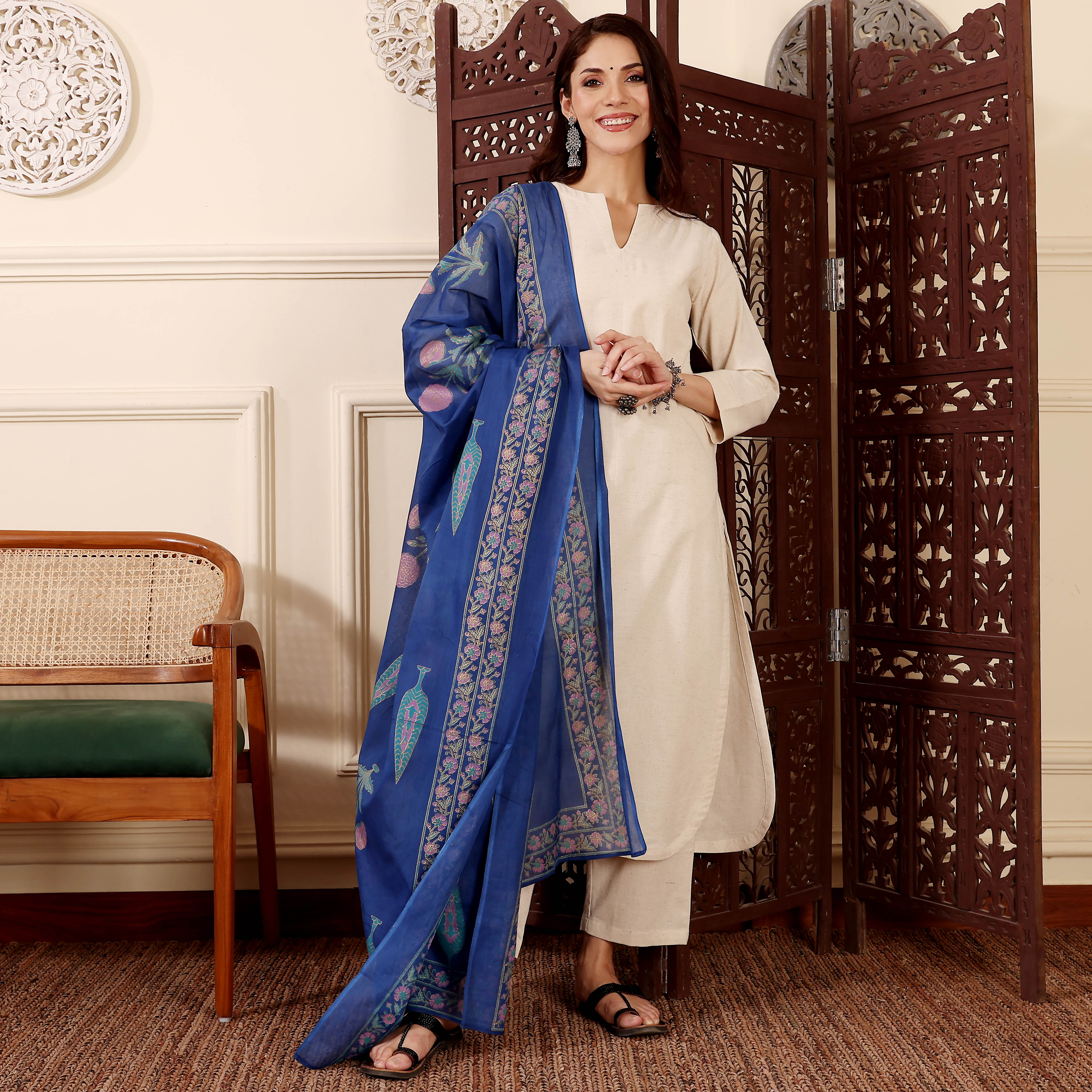 Off-White Chanderi Silk Straight Kurta Pant Suit Set with Printed Dupatta