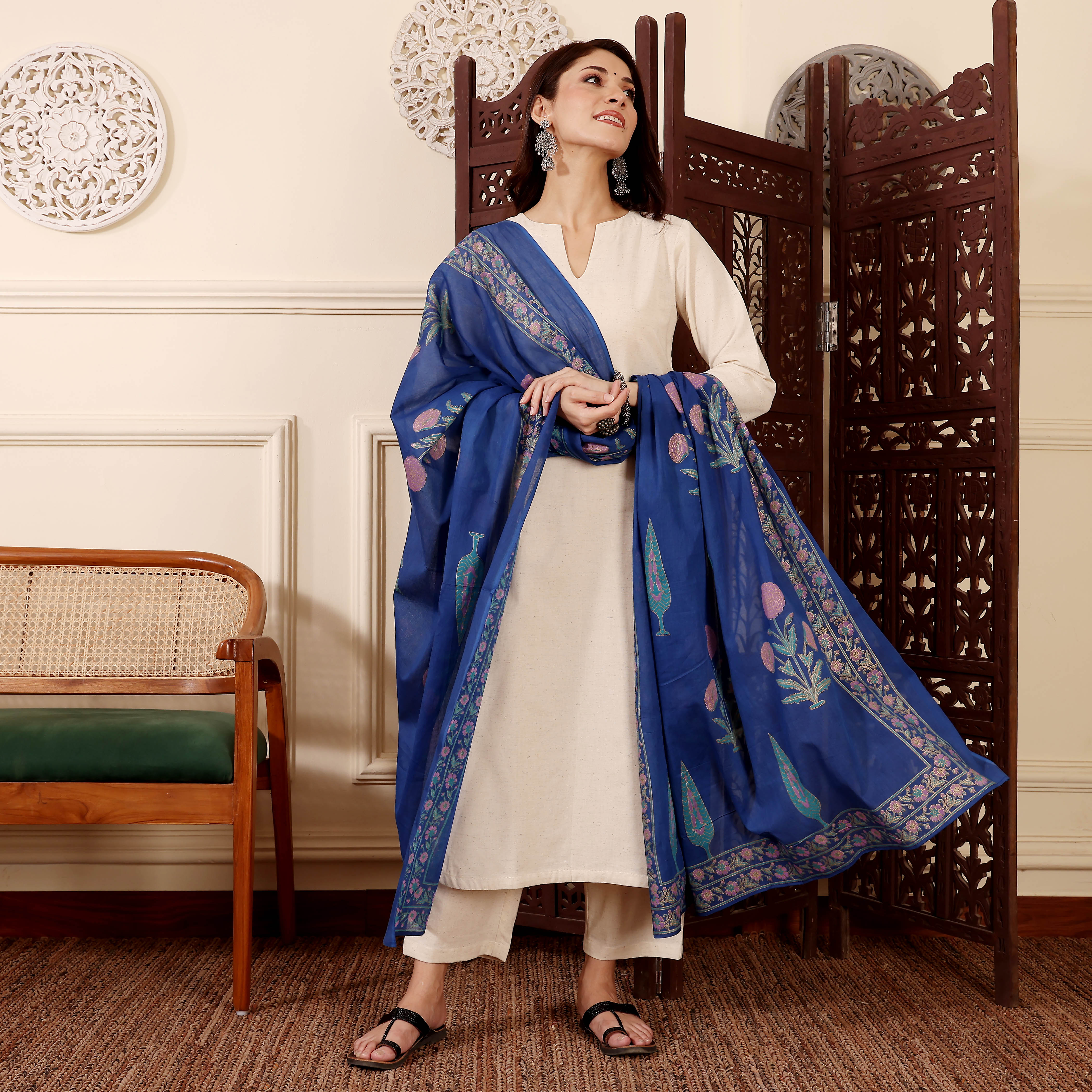 Off-White Chanderi Silk Straight Kurta Pant Suit Set with Printed Dupatta