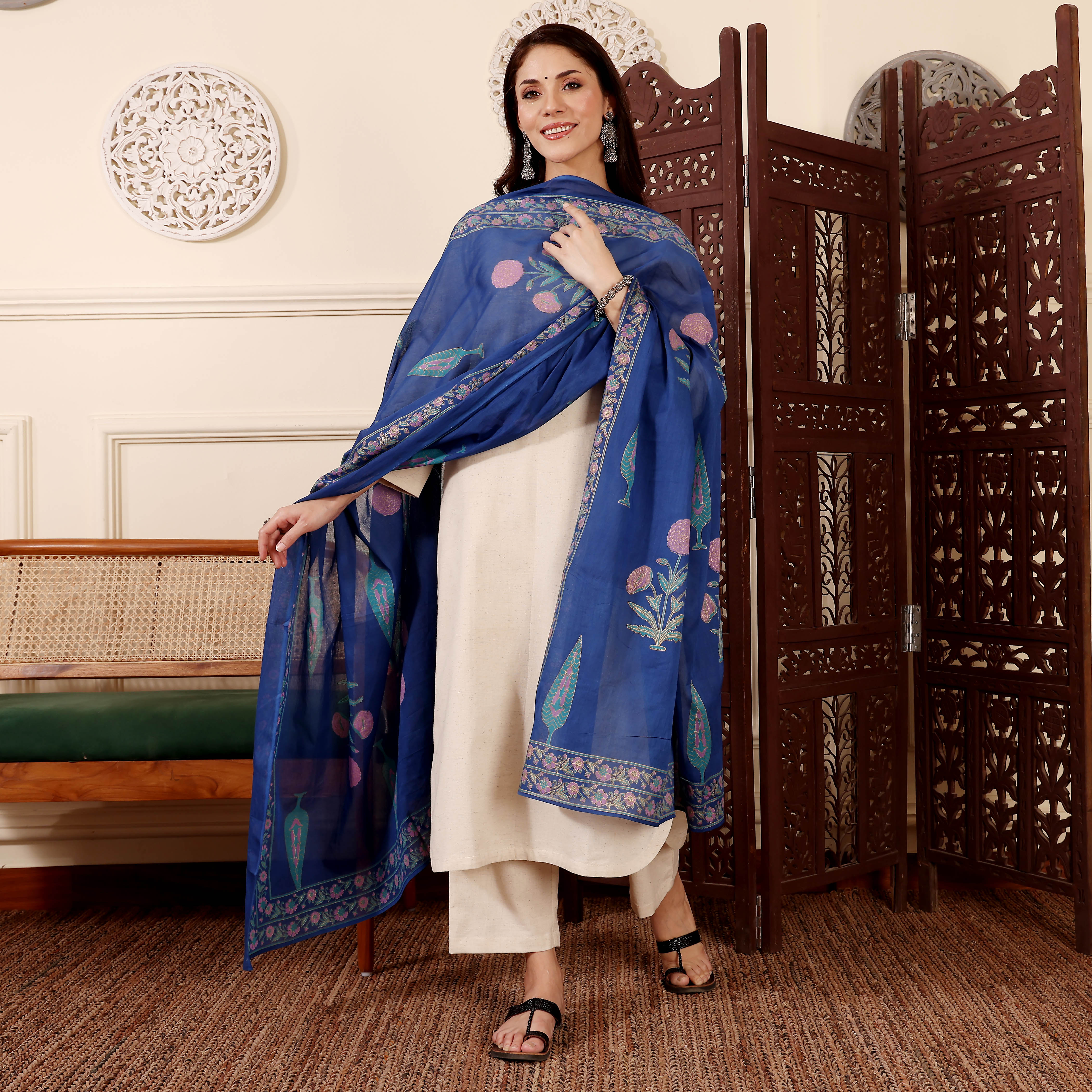 Off-White Chanderi Silk Straight Kurta Pant Suit Set with Printed Dupatta