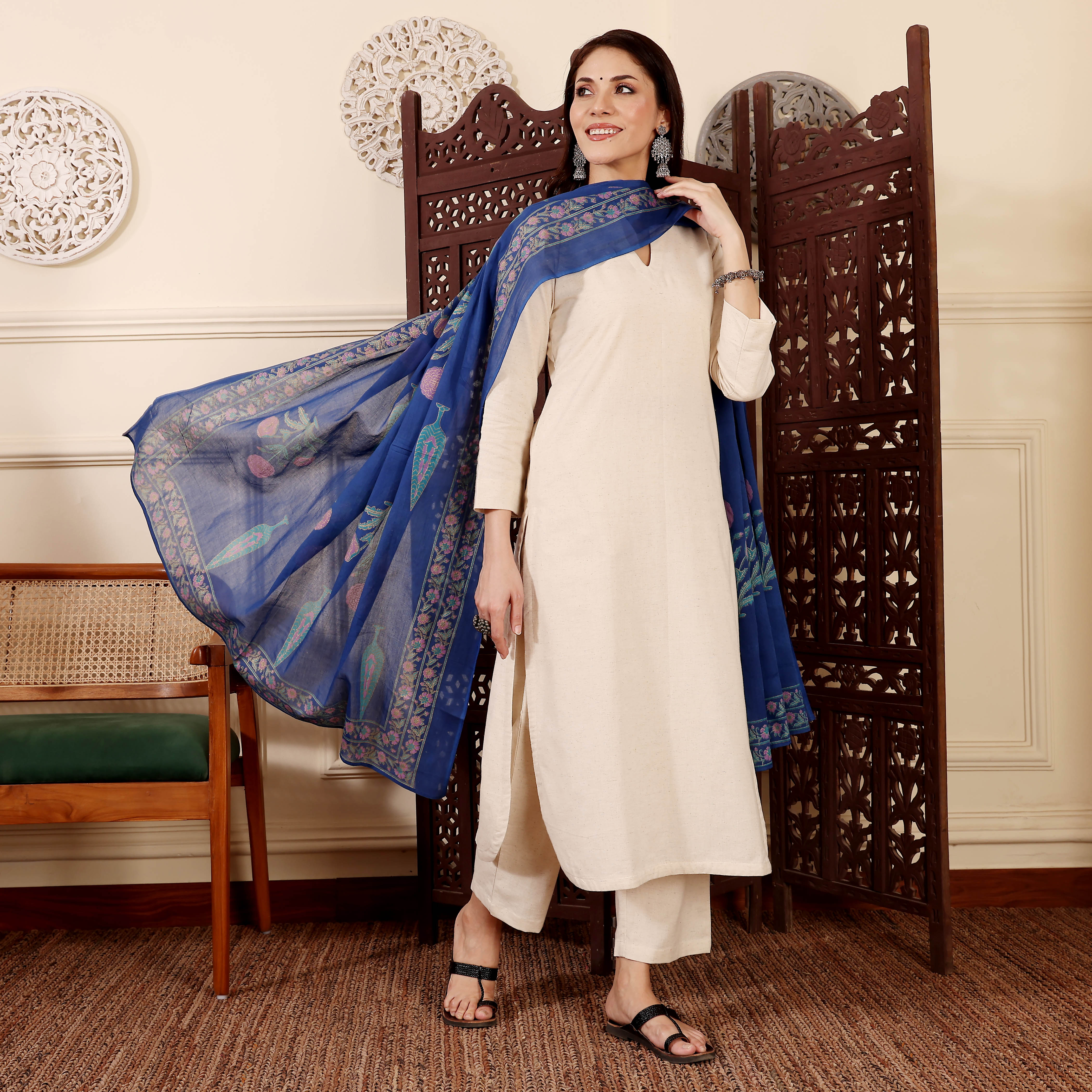 Off-White Chanderi Silk Straight Kurta Pant Suit Set with Printed Dupatta