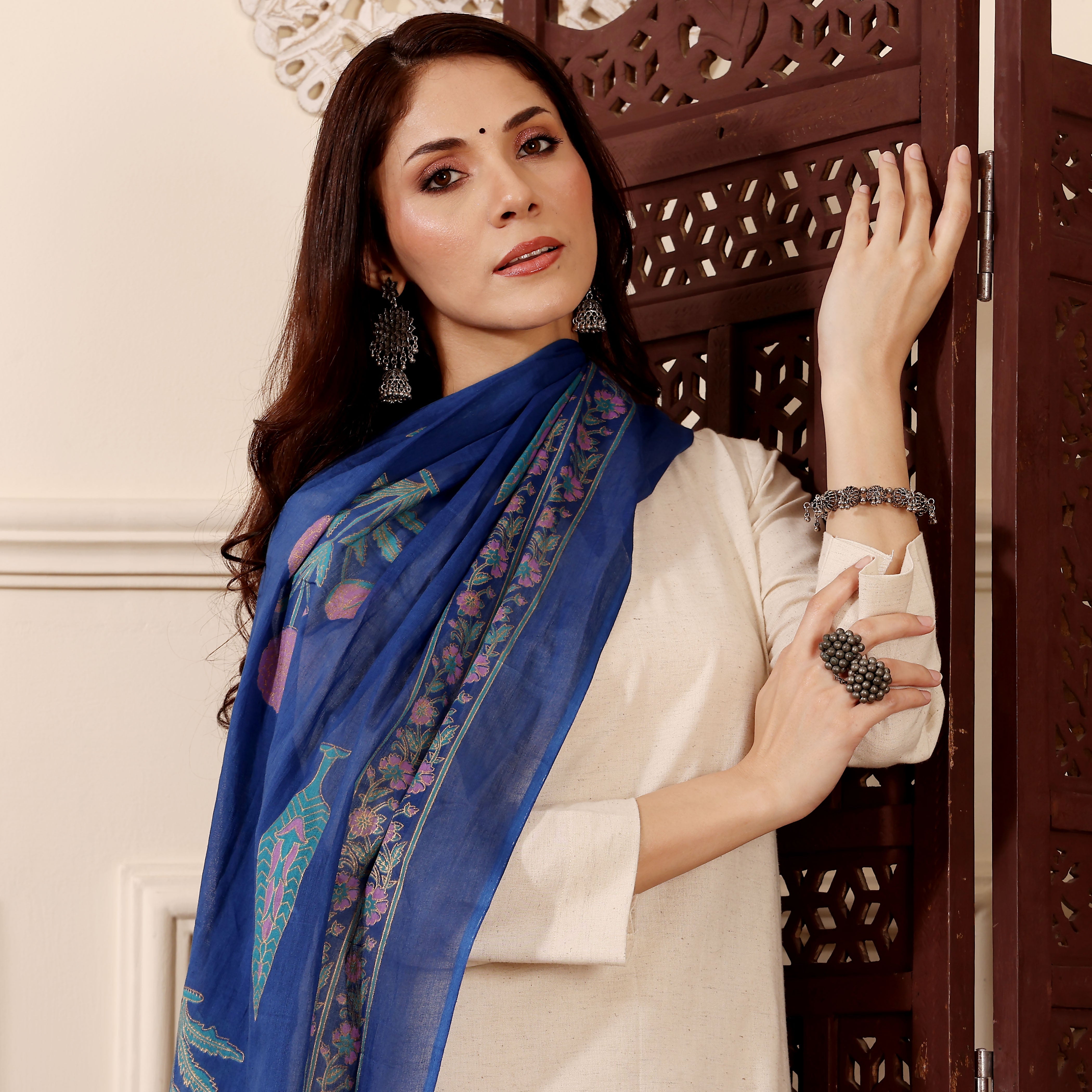 Off-White Chanderi Silk Straight Kurta Pant Suit Set with Printed Dupatta