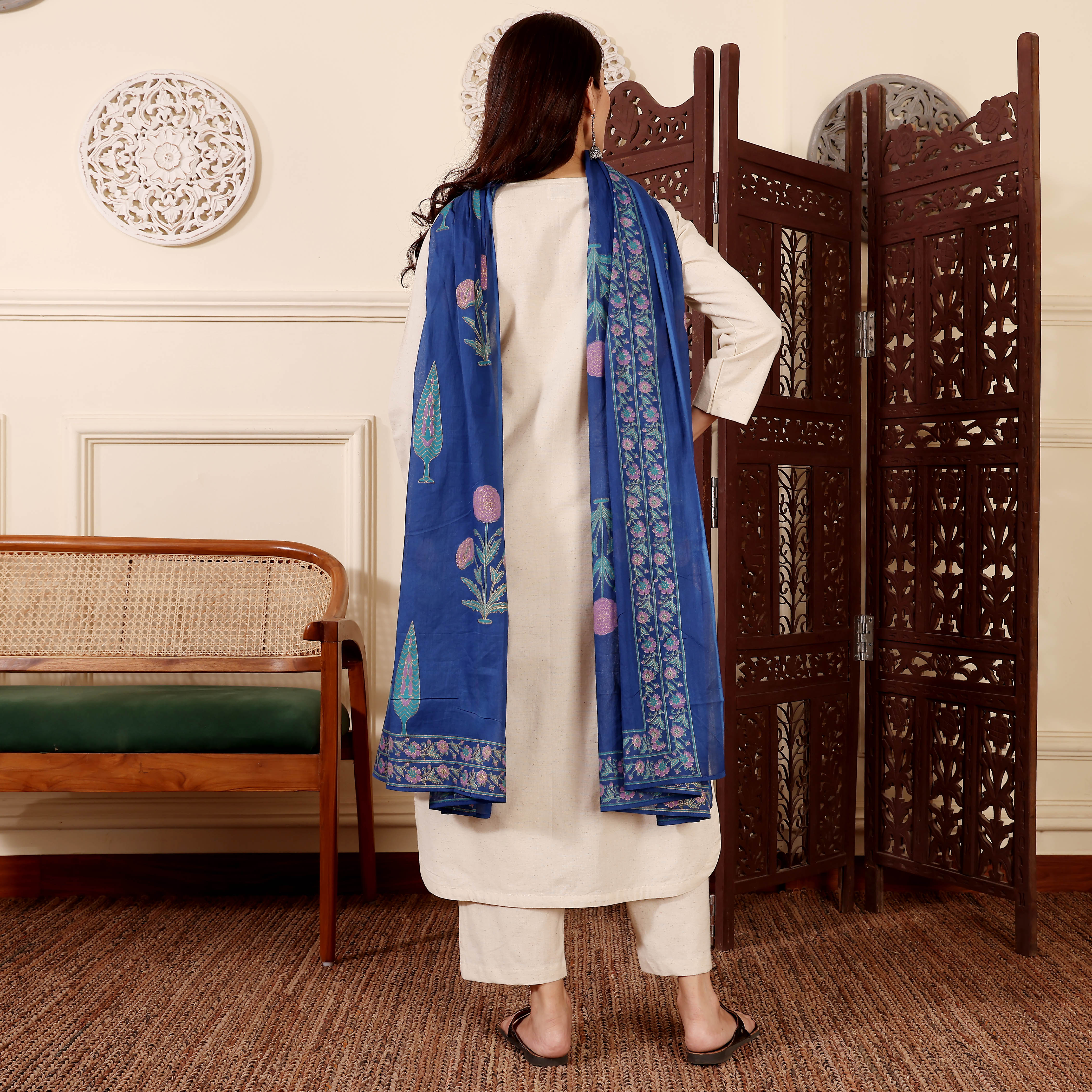 Off-White Chanderi Silk Straight Kurta Pant Suit Set with Printed Dupatta