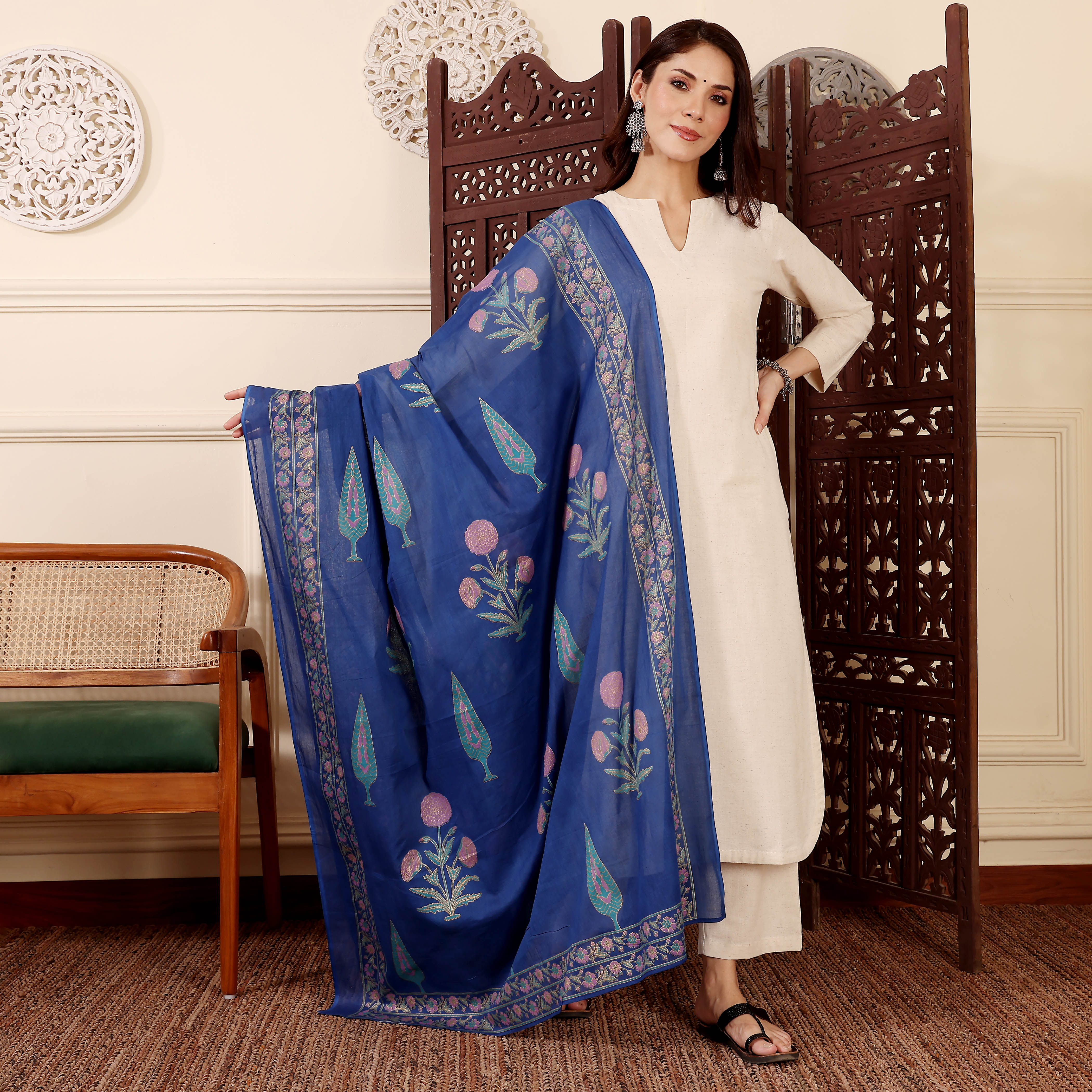 Off-White Chanderi Silk Straight Kurta Pant Suit Set with Printed Dupatta