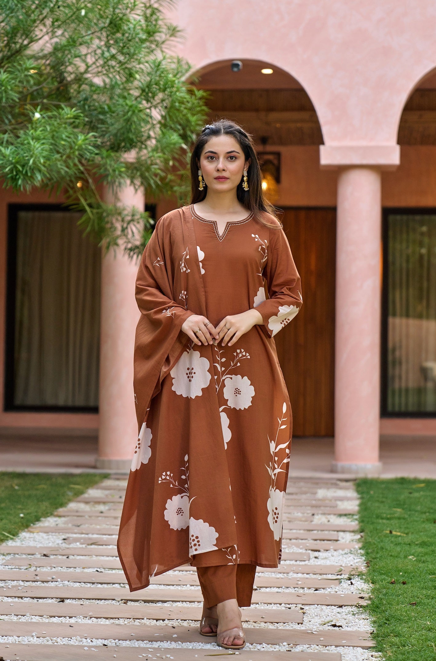Earthy Brown Muslin Floral Printed Straight Kurta Pant Suit Set with Dupatta