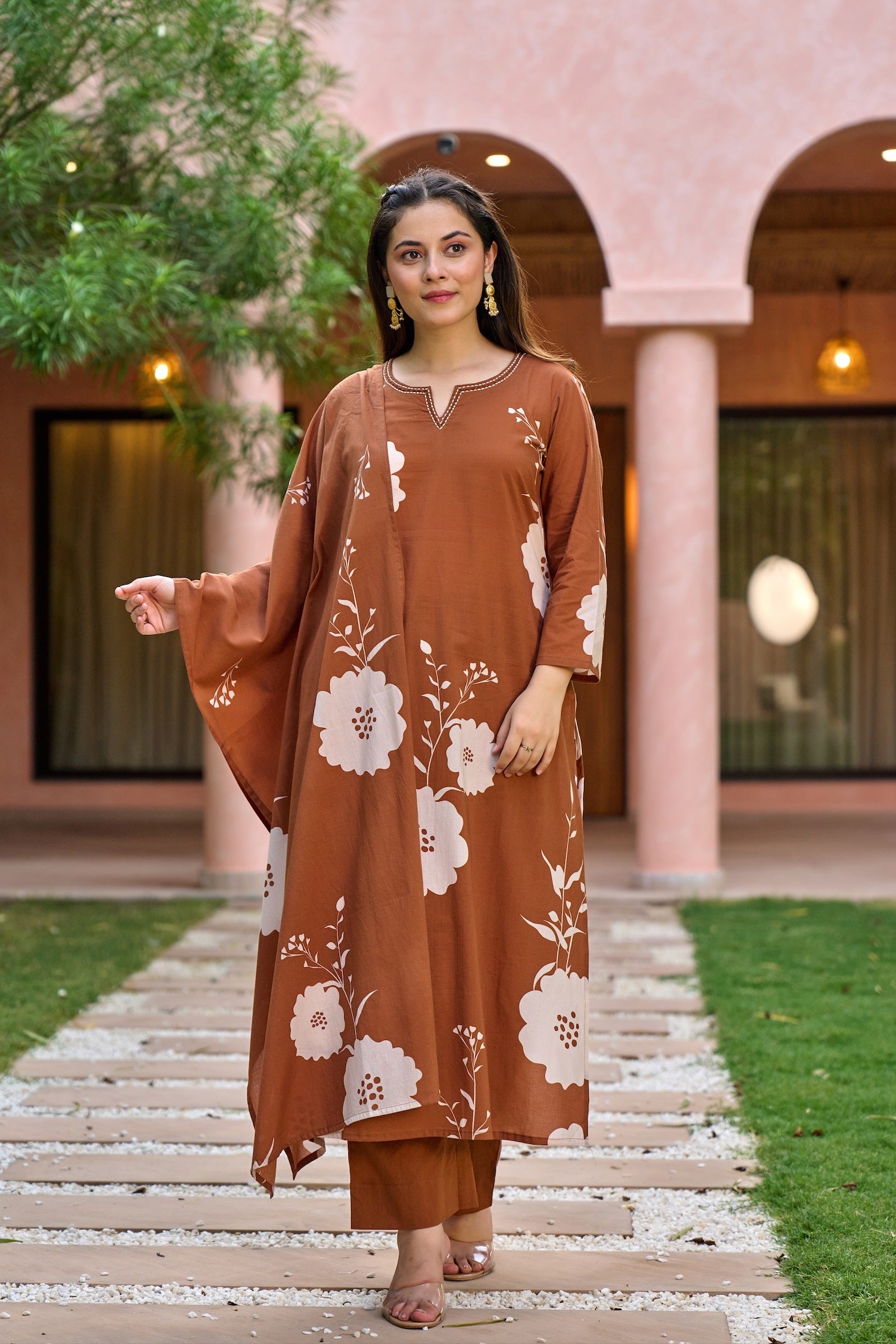 Earthy Brown Muslin Floral Printed Straight Kurta Pant Suit Set with Dupatta