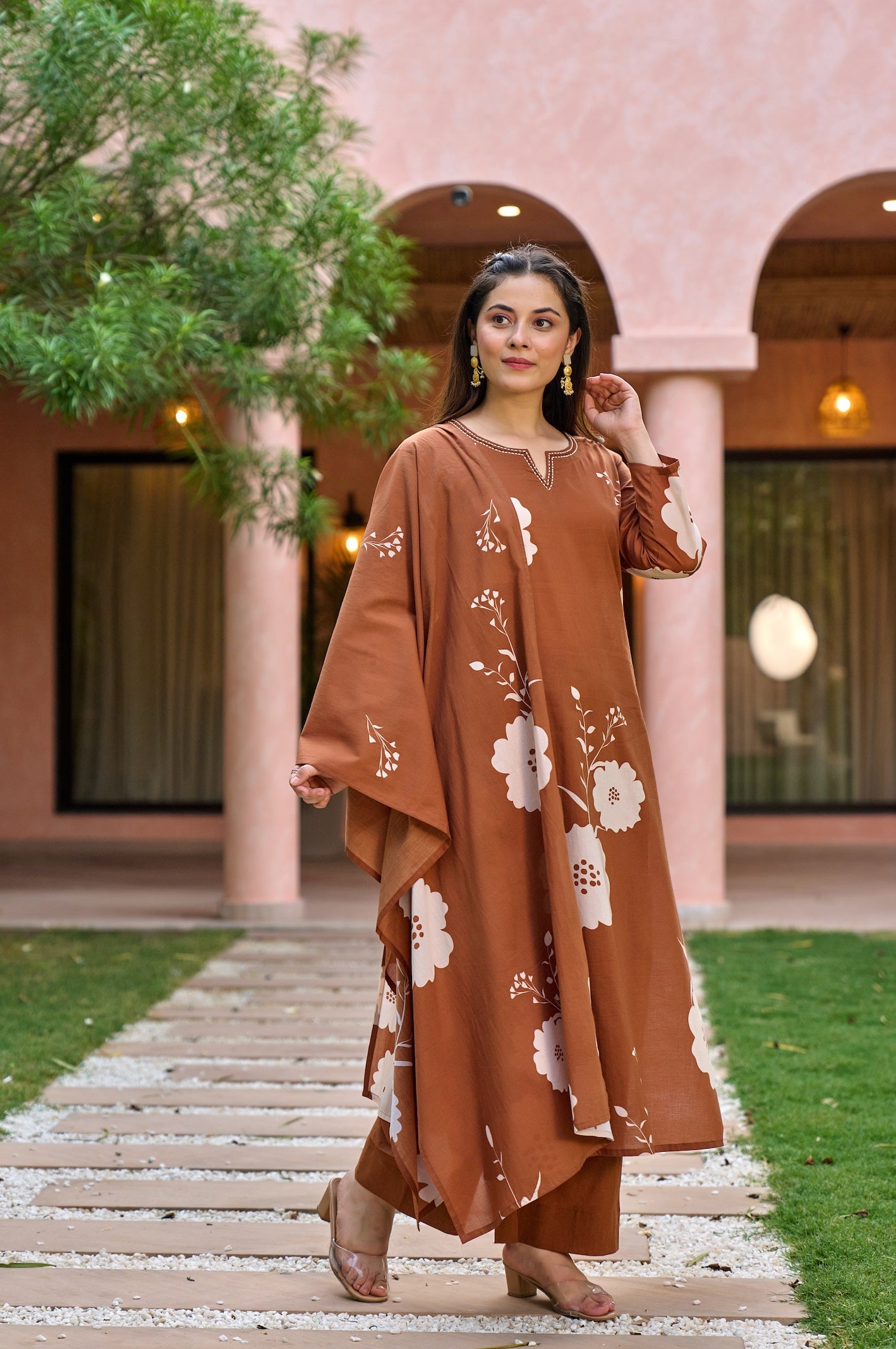 Earthy Brown Muslin Floral Printed Straight Kurta Pant Suit Set with Dupatta