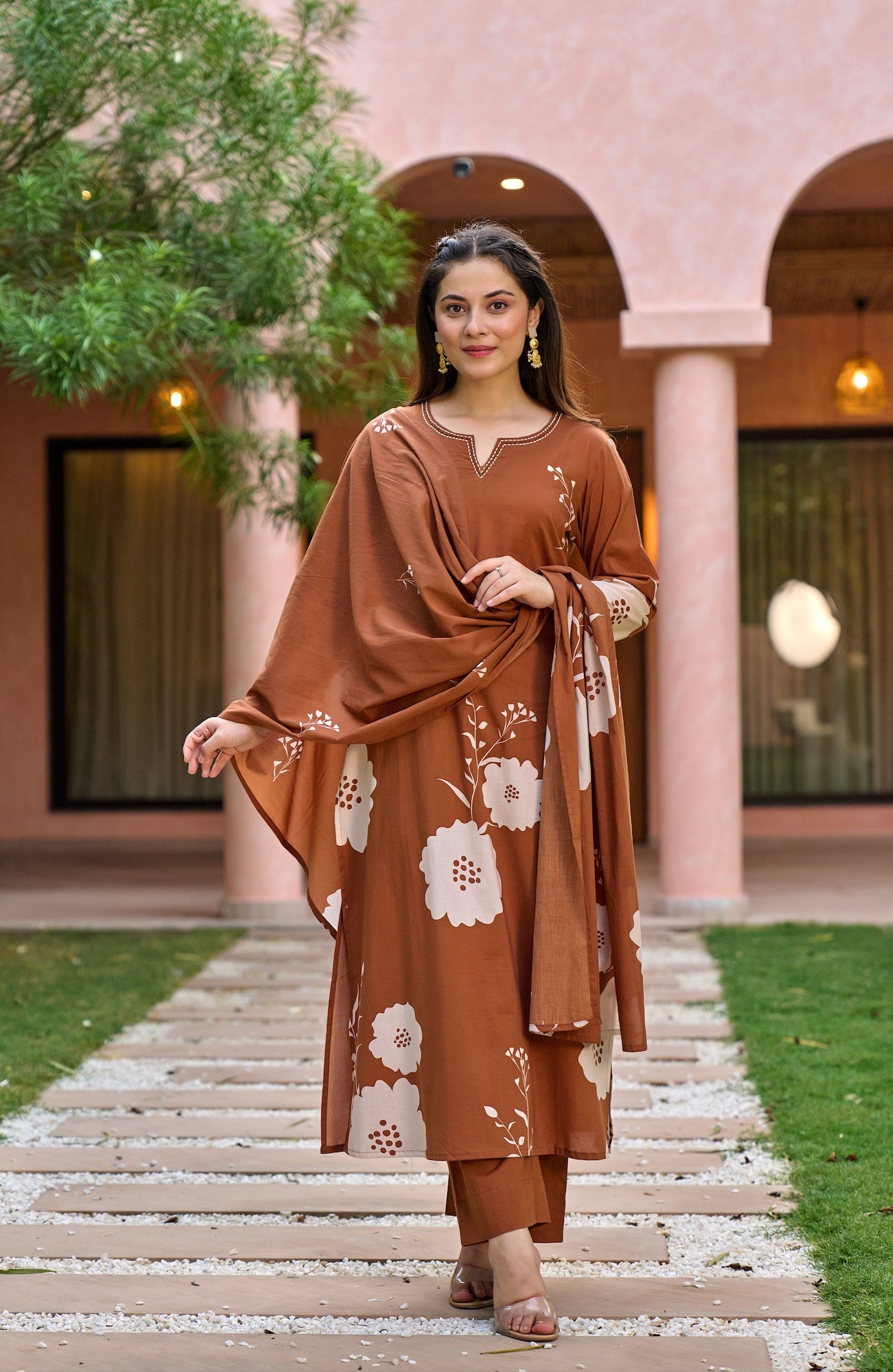 Earthy Brown Muslin Floral Printed Straight Kurta Pant Suit Set with Dupatta