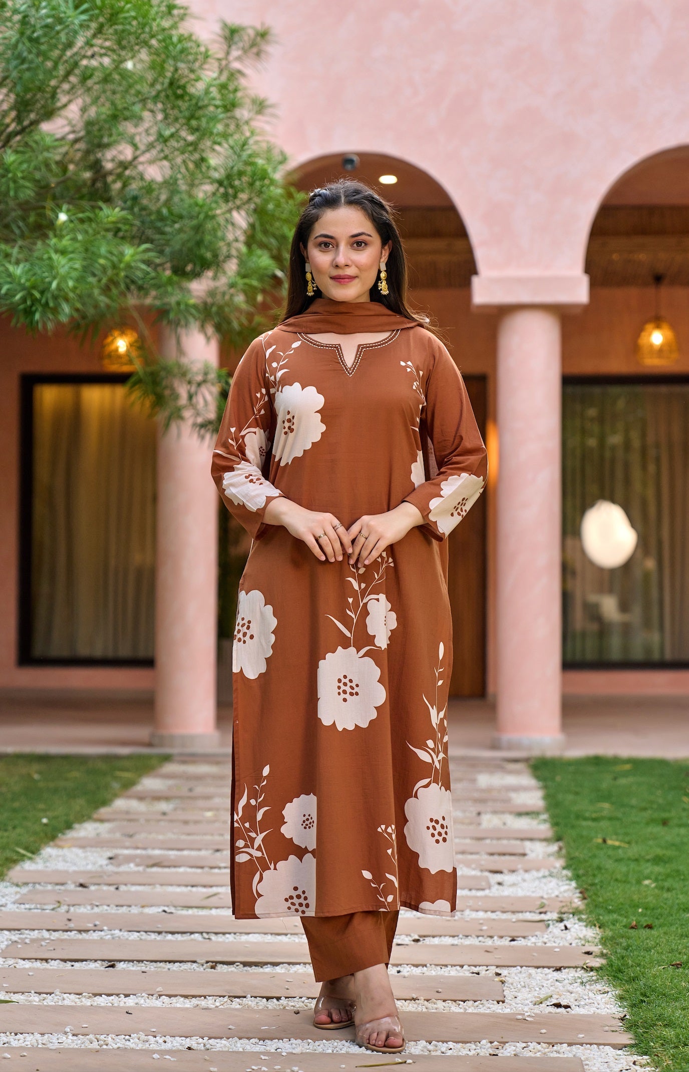 Earthy Brown Muslin Floral Printed Straight Kurta Pant Suit Set with Dupatta