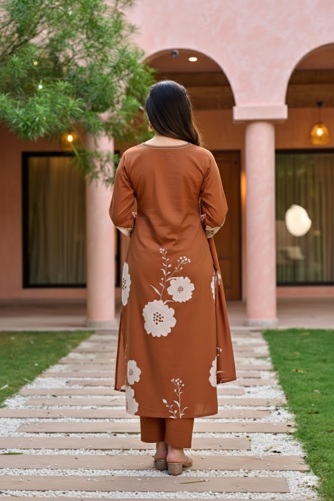 Earthy Brown Muslin Floral Printed Straight Kurta Pant Suit Set with Dupatta