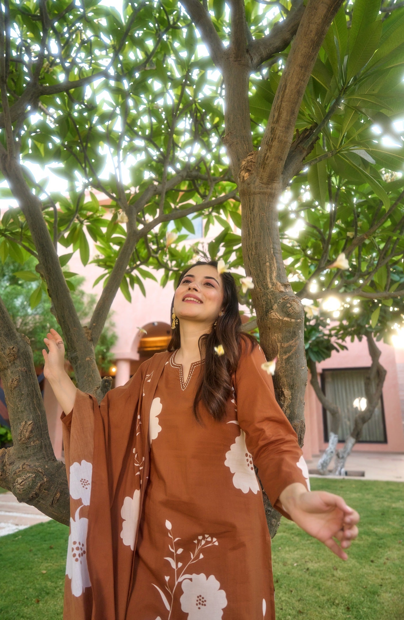 Earthy Brown Muslin Floral Printed Straight Kurta Pant Suit Set with Dupatta