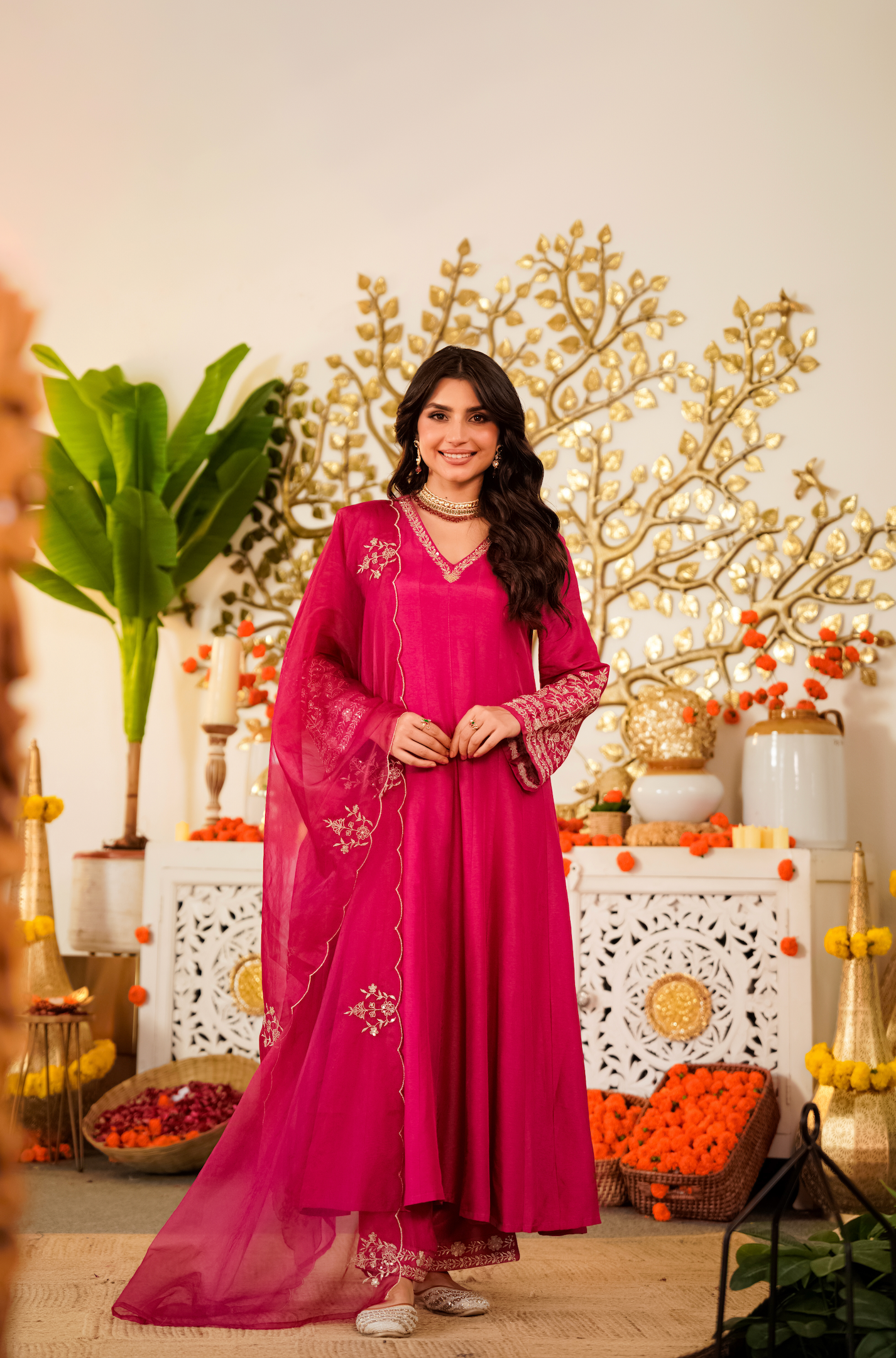 Rani Pink Flared Anarkali Kurta Pant Suit Set with Scalloped Dupatta