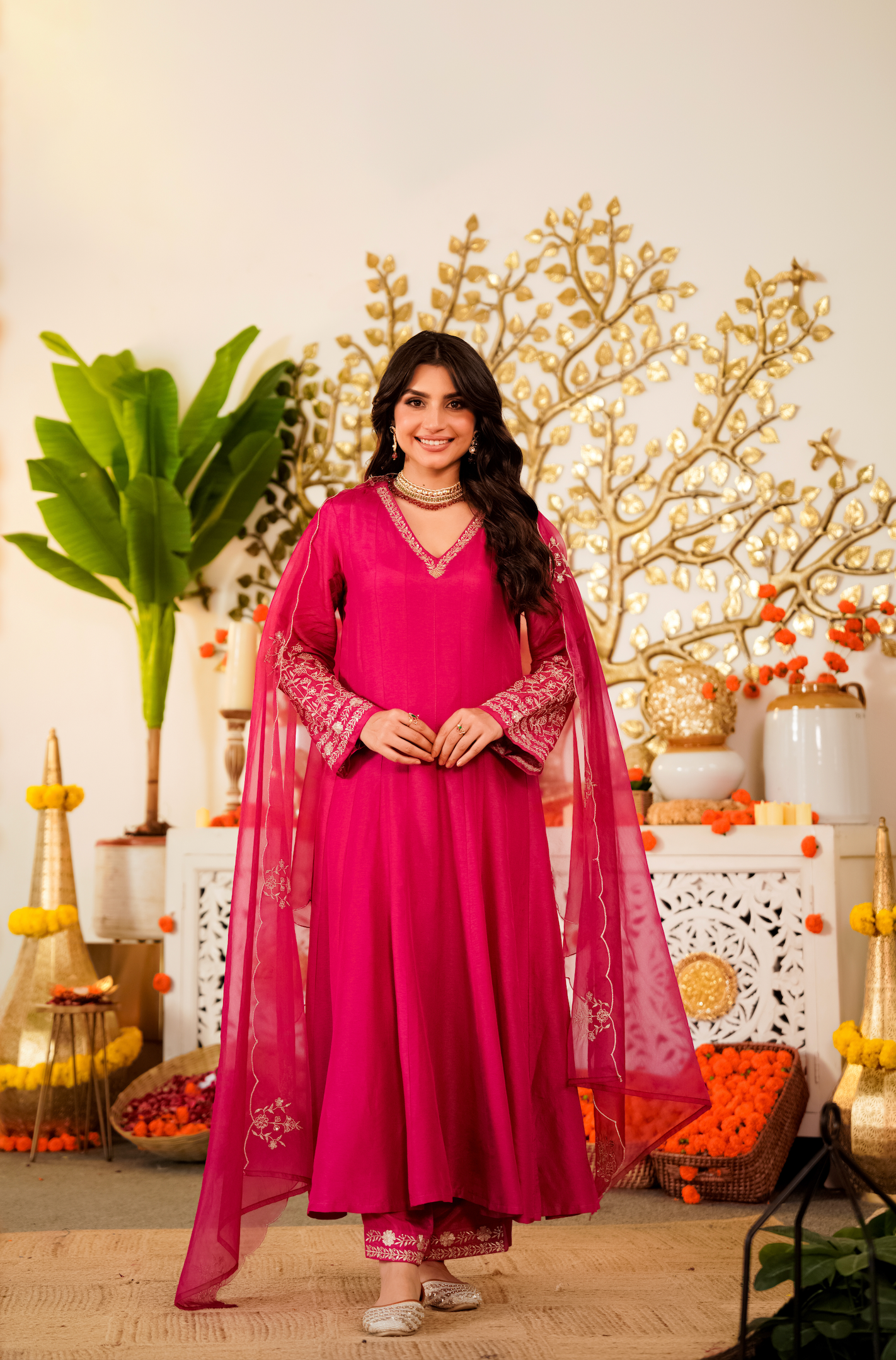 Rani Pink Flared Anarkali Kurta Pant Suit Set with Scalloped Dupatta