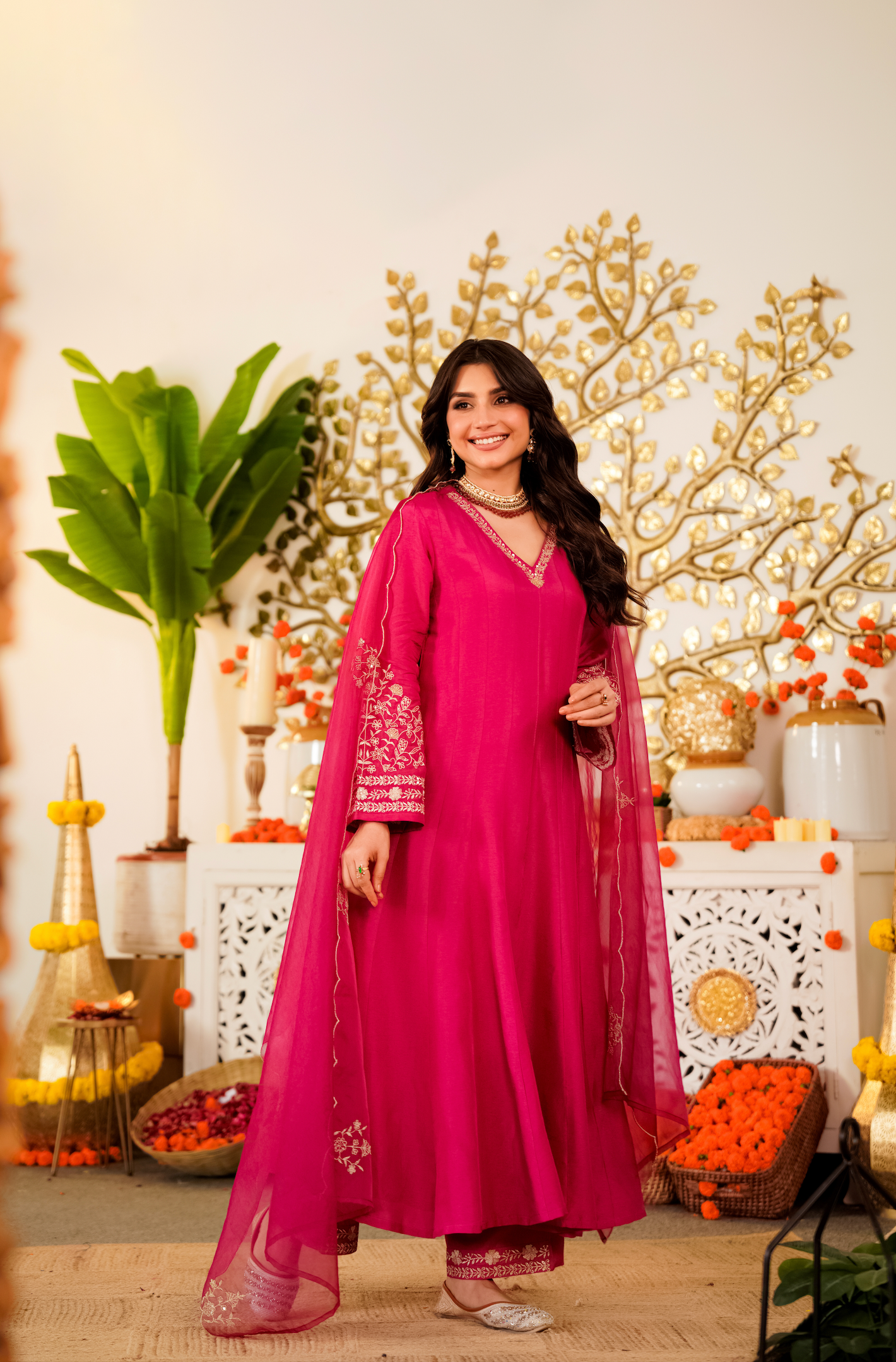 Rani Pink Flared Anarkali Kurta Pant Suit Set with Scalloped Dupatta