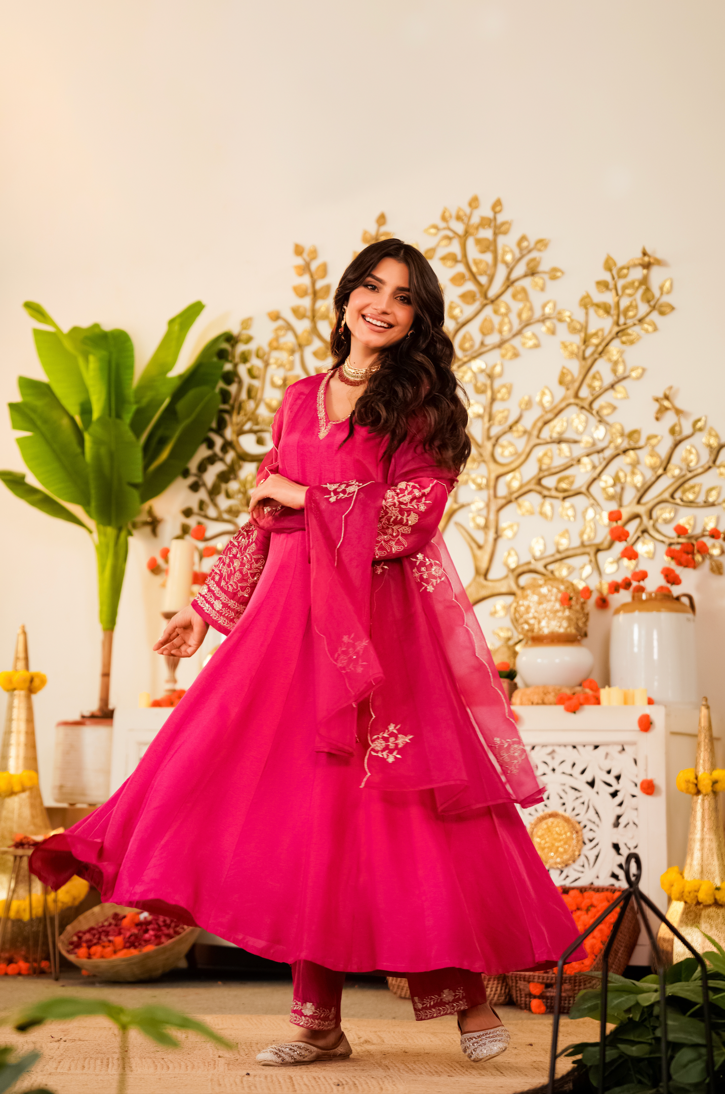 Rani Pink Flared Anarkali Kurta Pant Suit Set with Scalloped Dupatta