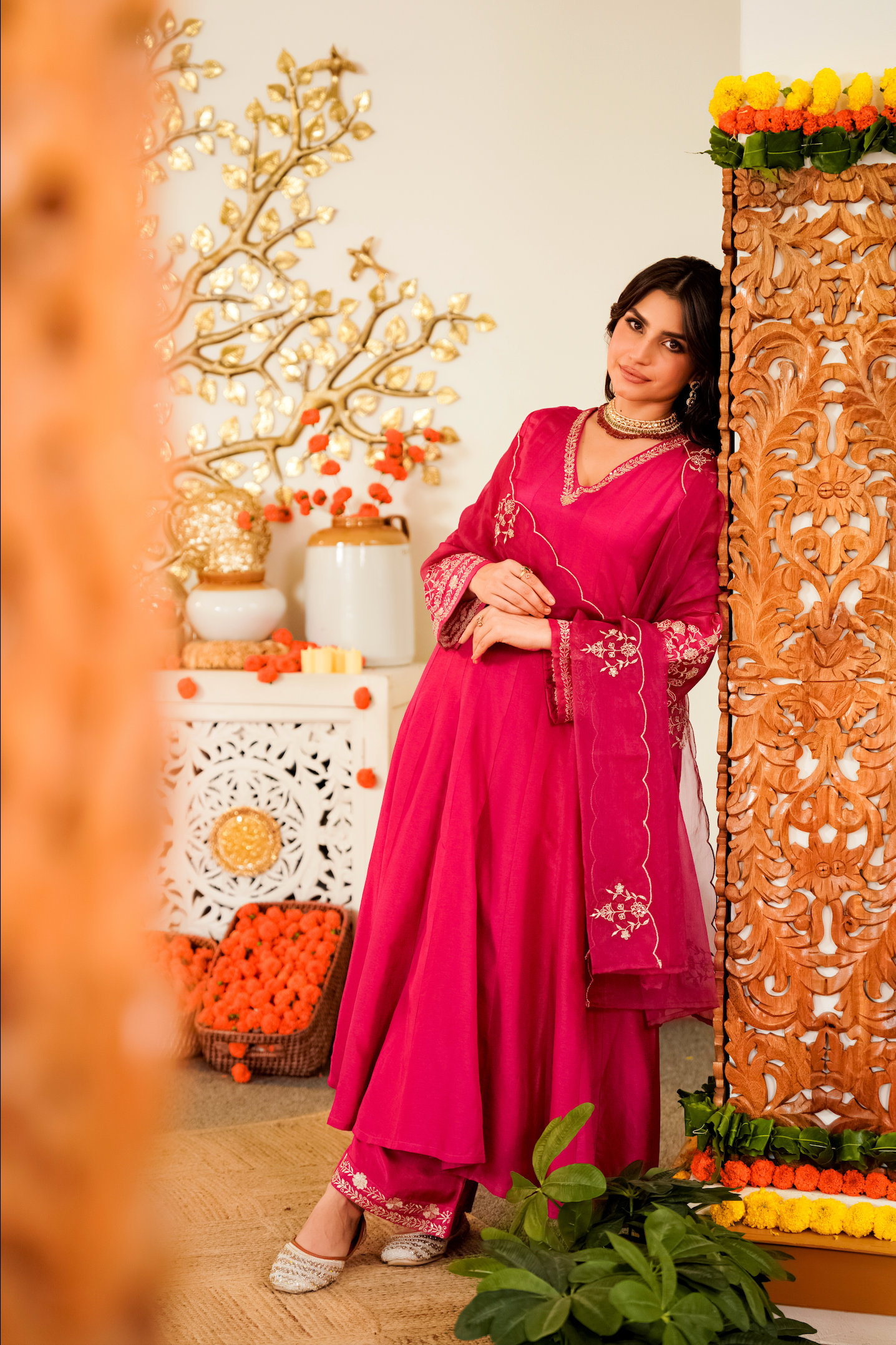 Rani Pink Flared Anarkali Kurta Pant Suit Set with Scalloped Dupatta