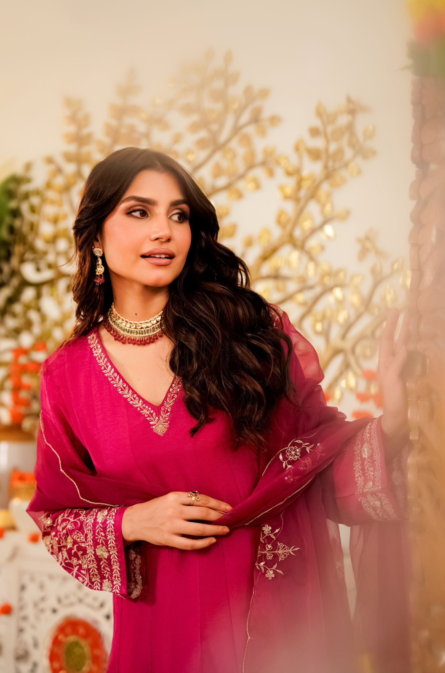 Rani Pink Flared Anarkali Kurta Pant Suit Set with Scalloped Dupatta