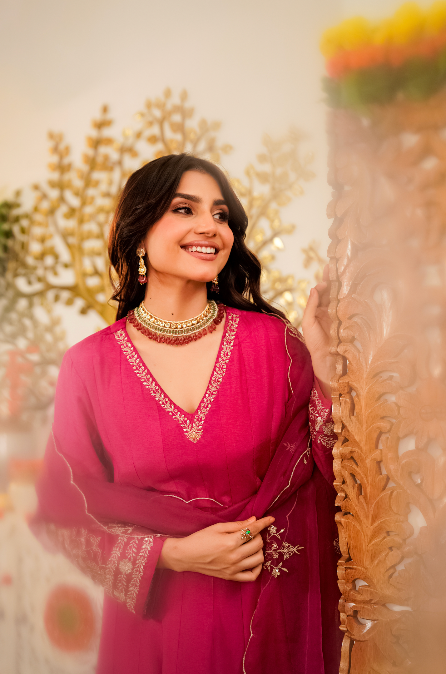 Rani Pink Flared Anarkali Kurta Pant Suit Set with Scalloped Dupatta