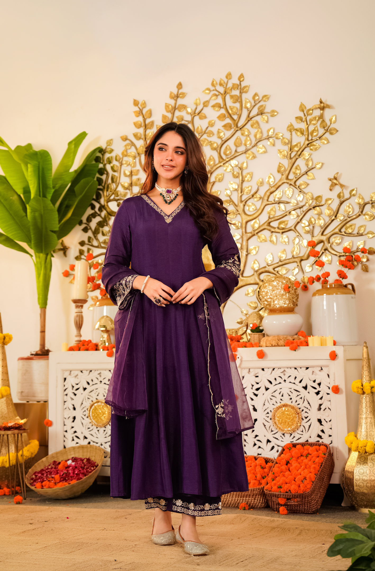 Wine Purple Flared Anarkali Kurta Pant Suit Set with Scalloped Dupatta
