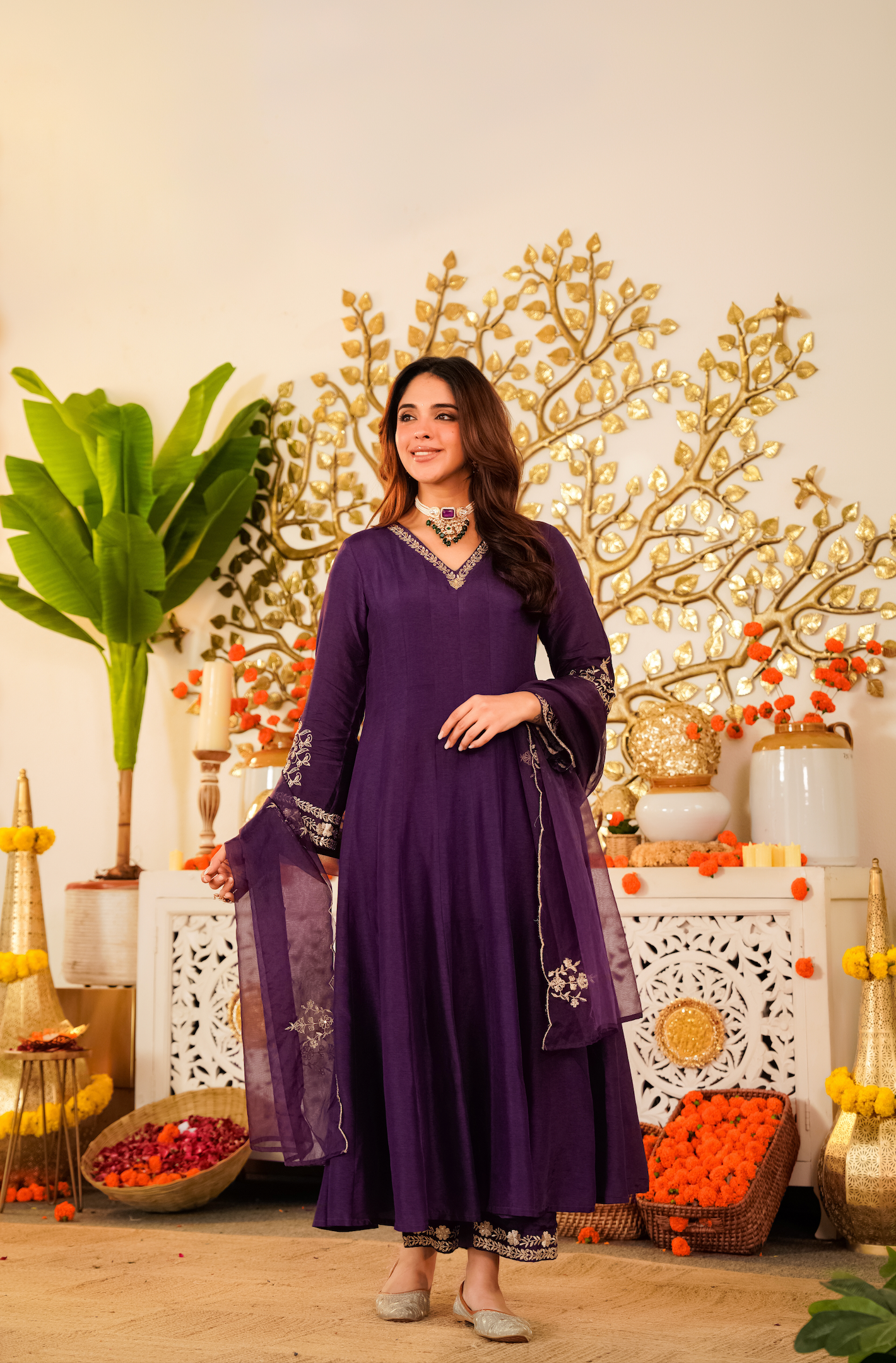 Wine Purple Flared Anarkali Kurta Pant Suit Set with Scalloped Dupatta