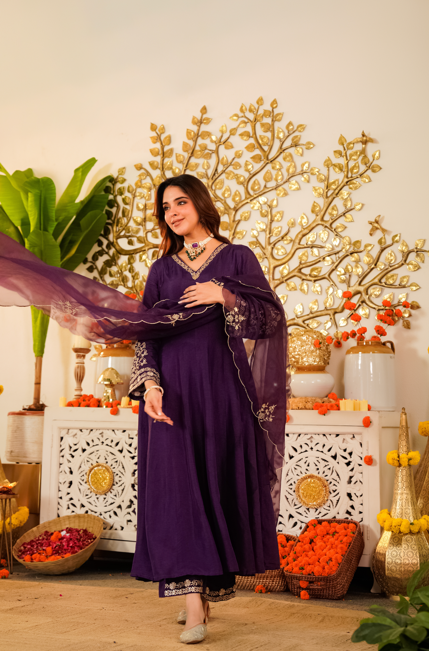 Wine Purple Flared Anarkali Kurta Pant Suit Set with Scalloped Dupatta