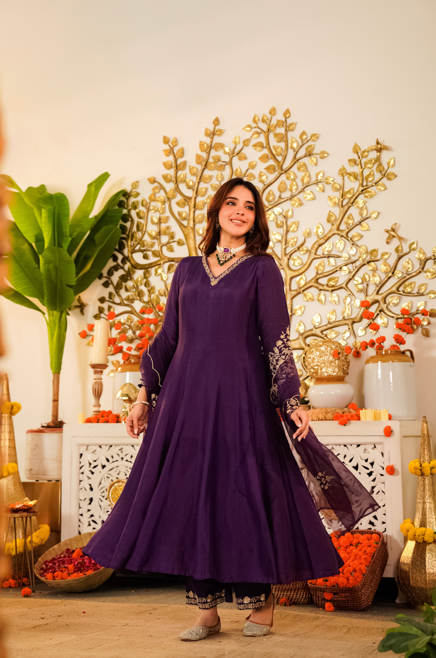 Wine Purple Flared Anarkali Kurta Pant Suit Set with Scalloped Dupatta