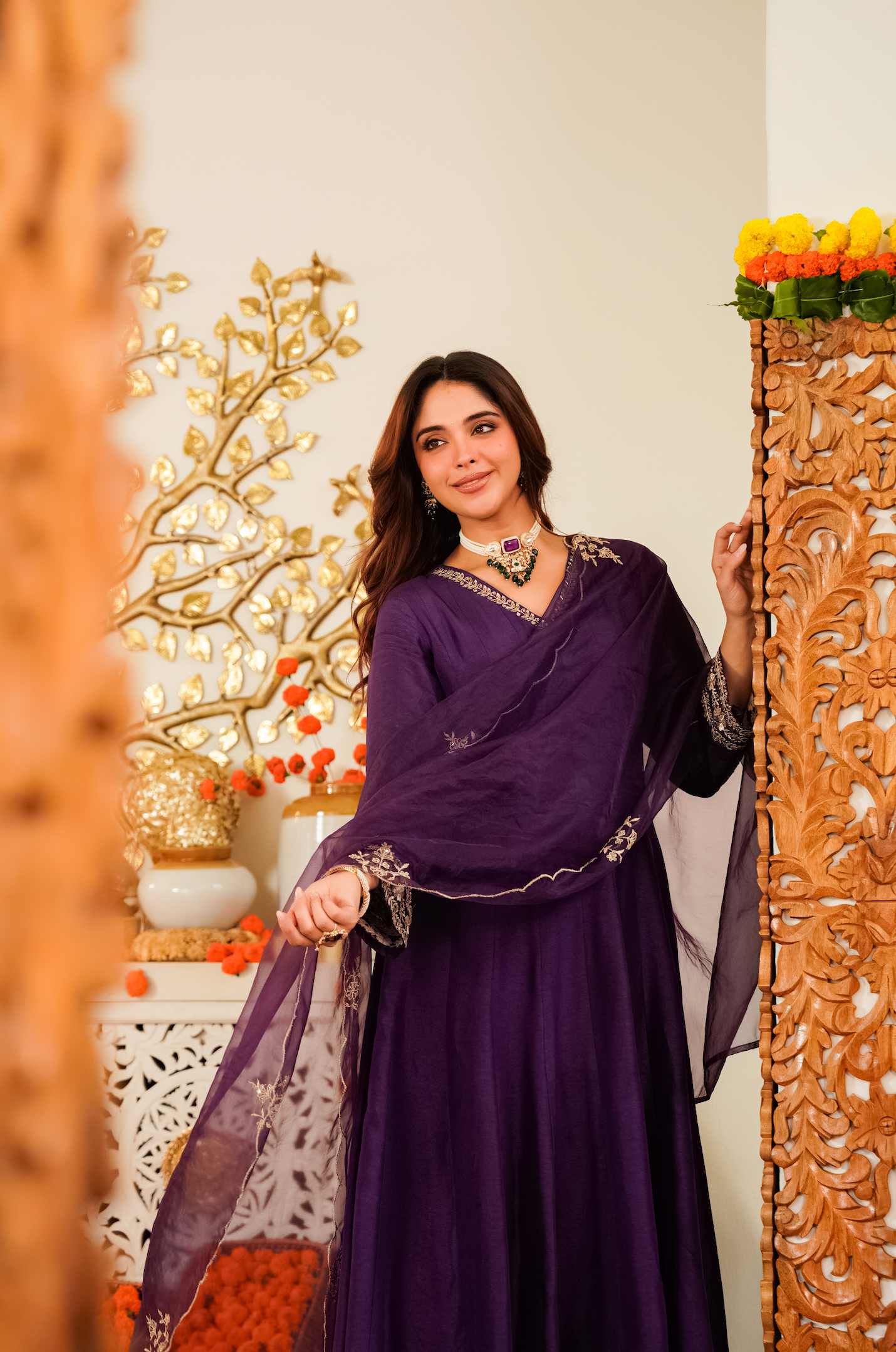 Wine Purple Flared Anarkali Kurta Pant Suit Set with Scalloped Dupatta