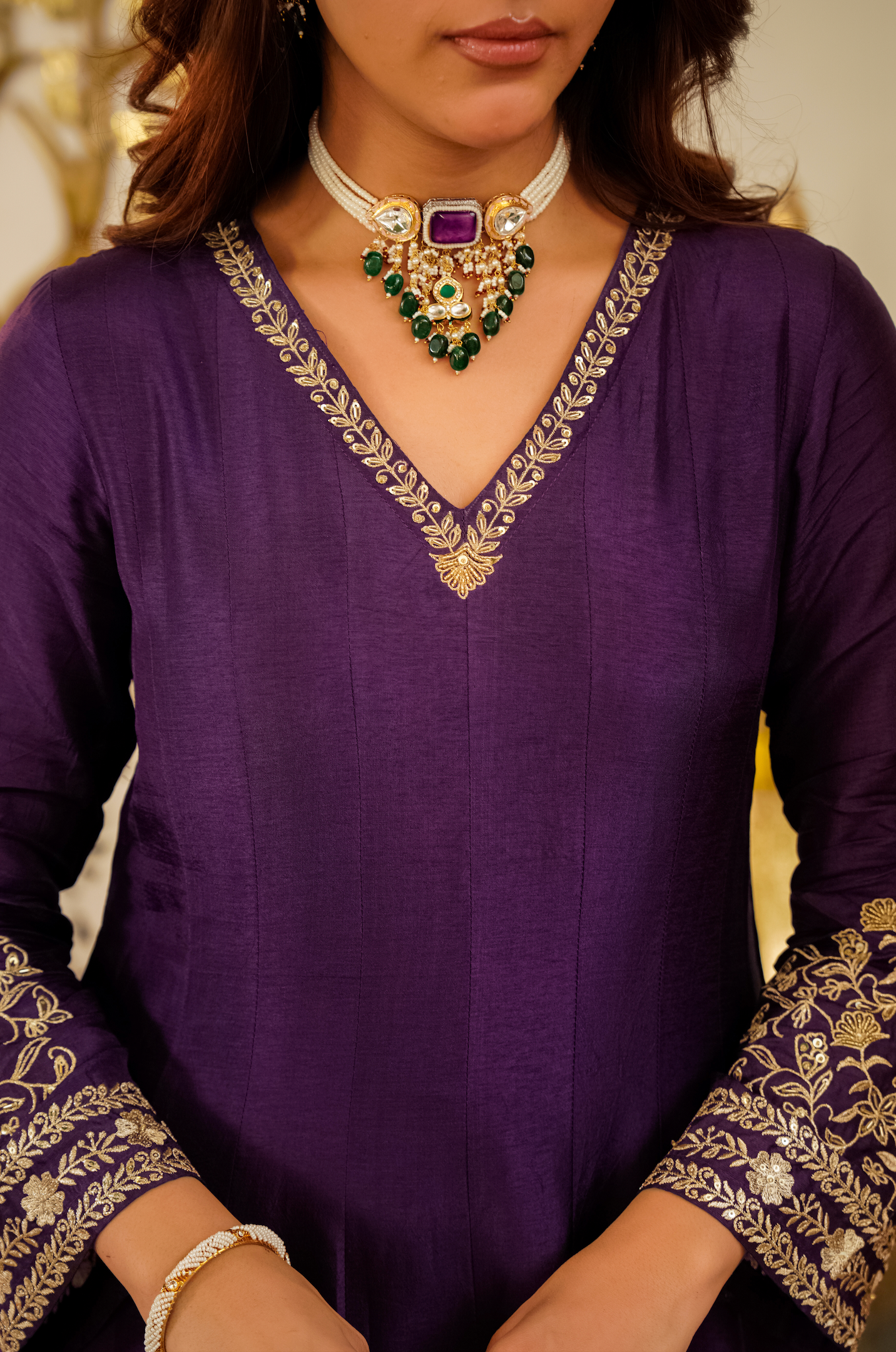 Wine Purple Flared Anarkali Kurta Pant Suit Set with Scalloped Dupatta