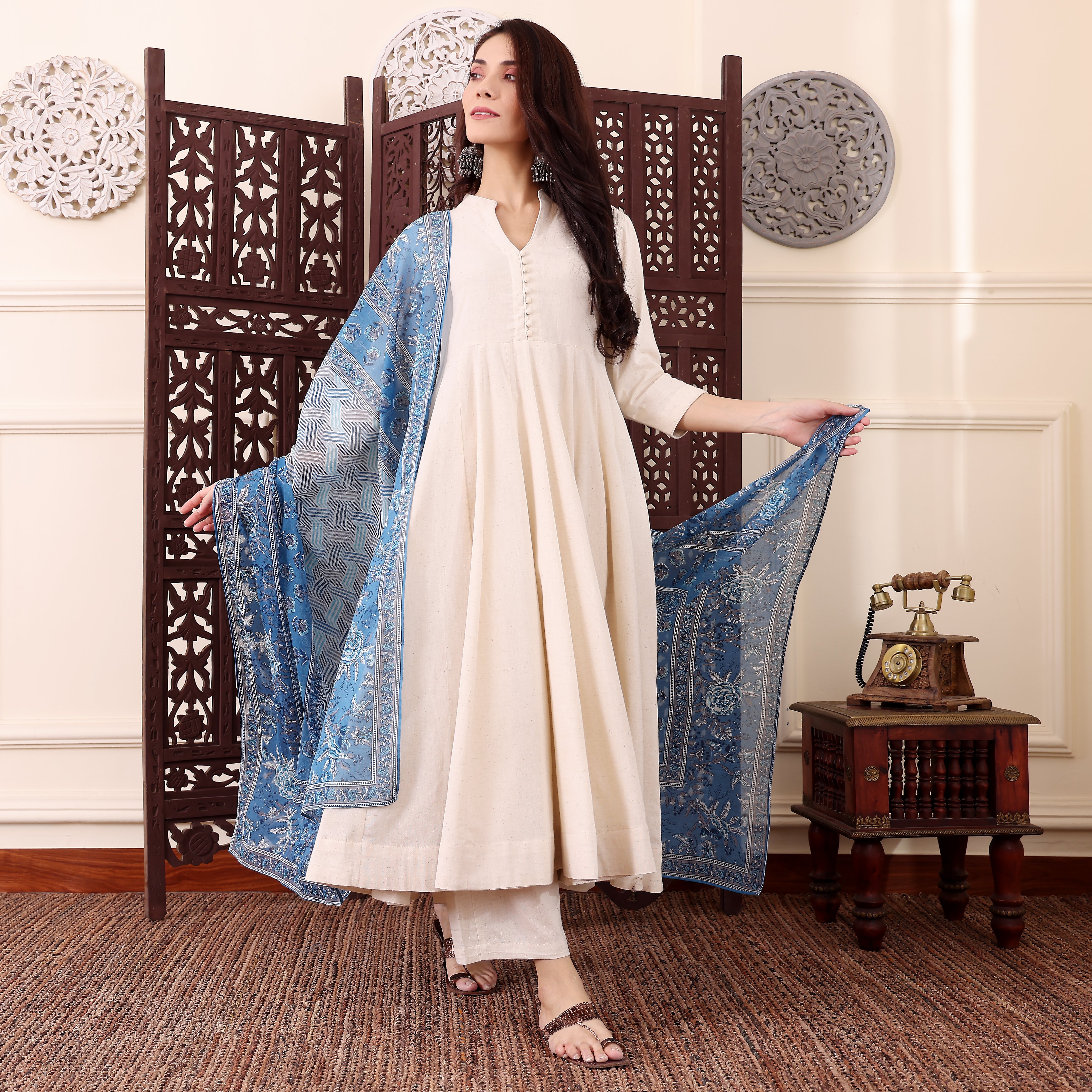 Off-White Chanderi Silk Anarkali Kurta Pant Suit Set with Blue Floral Printed Dupatt